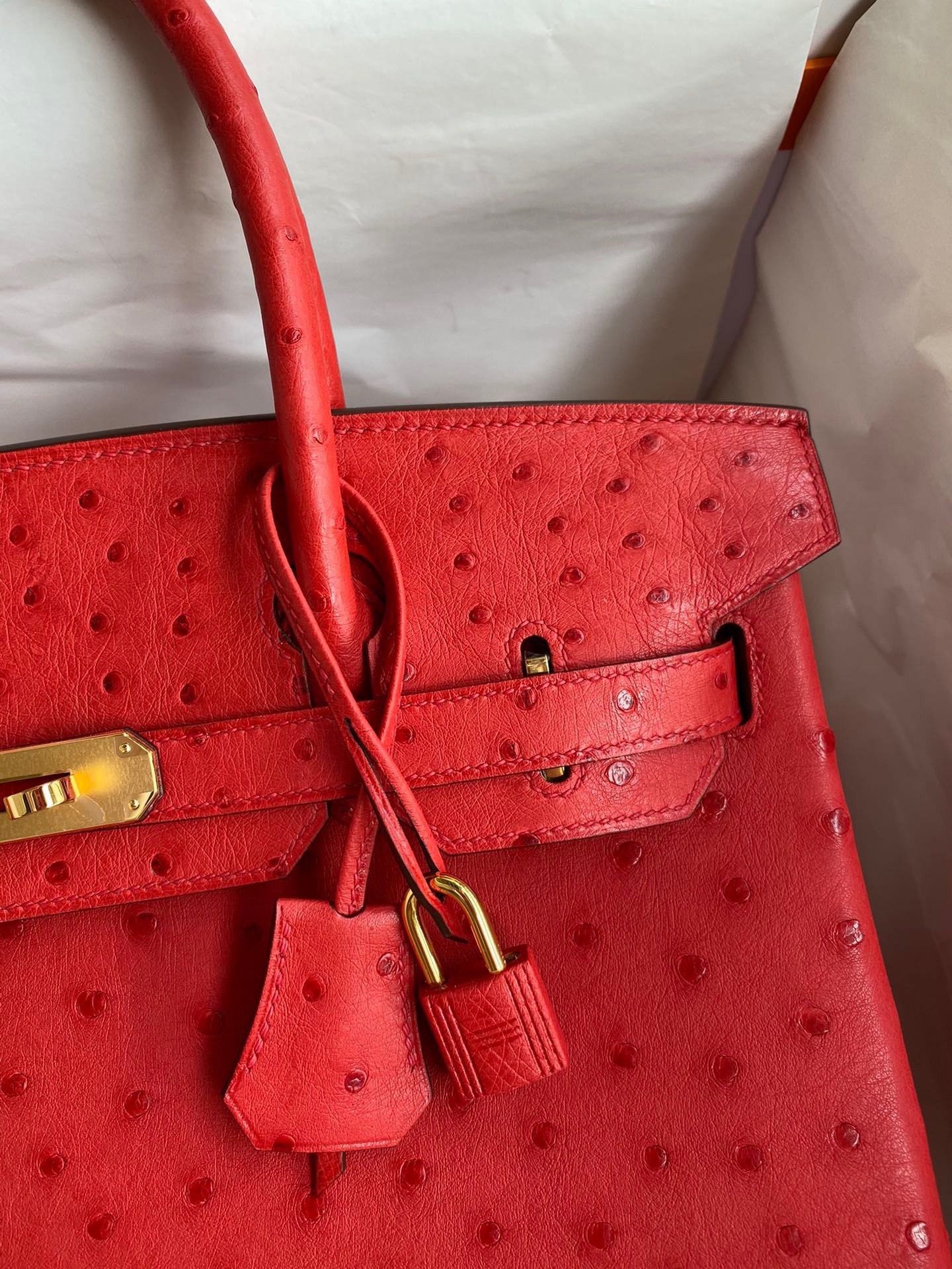 H**mes birkin 30 retourne handmade bag in red ostrich leather