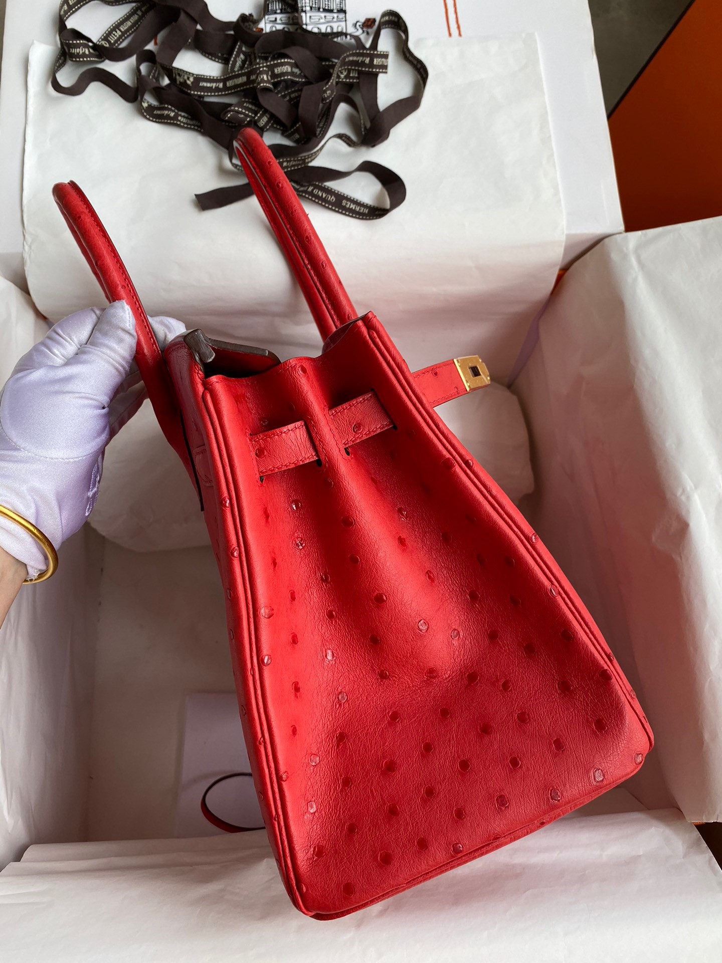 H**mes birkin 30 retourne handmade bag in red ostrich leather