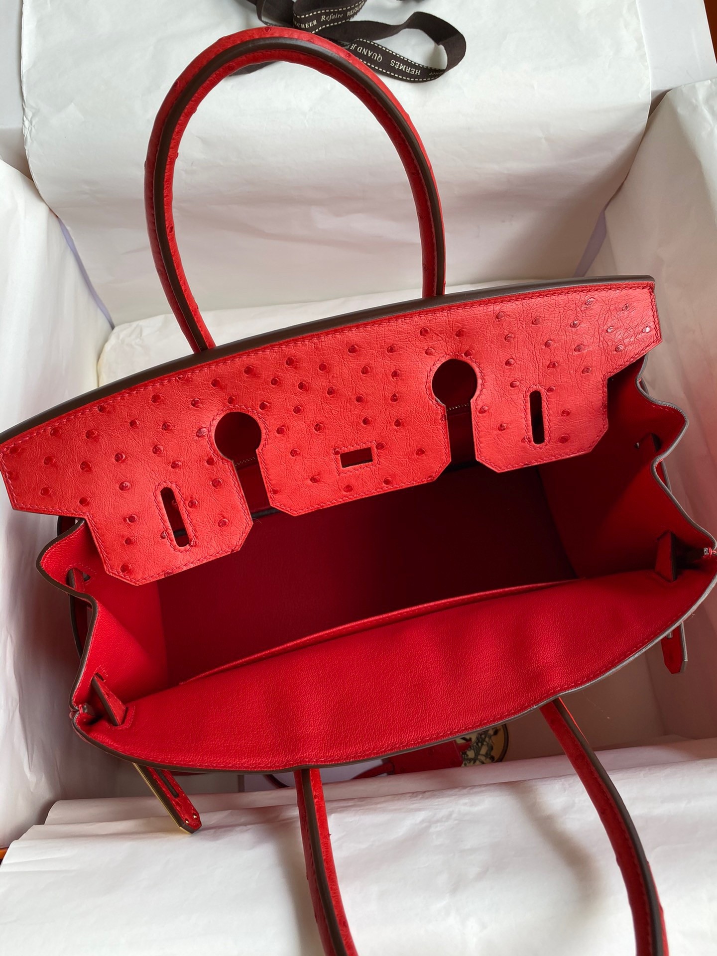 H**mes birkin 30 retourne handmade bag in red ostrich leather