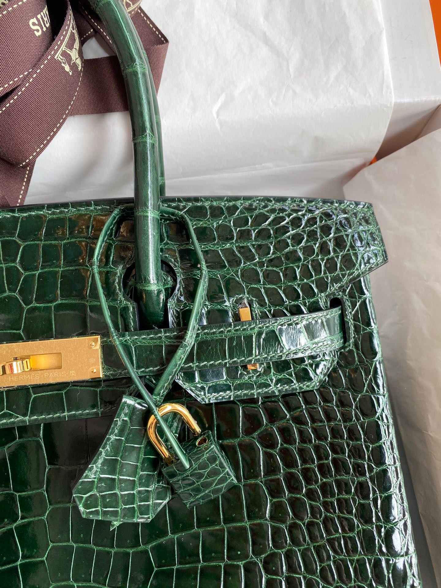H**mes birkin 30 handmade bag in green crocodile porosus shiny skin