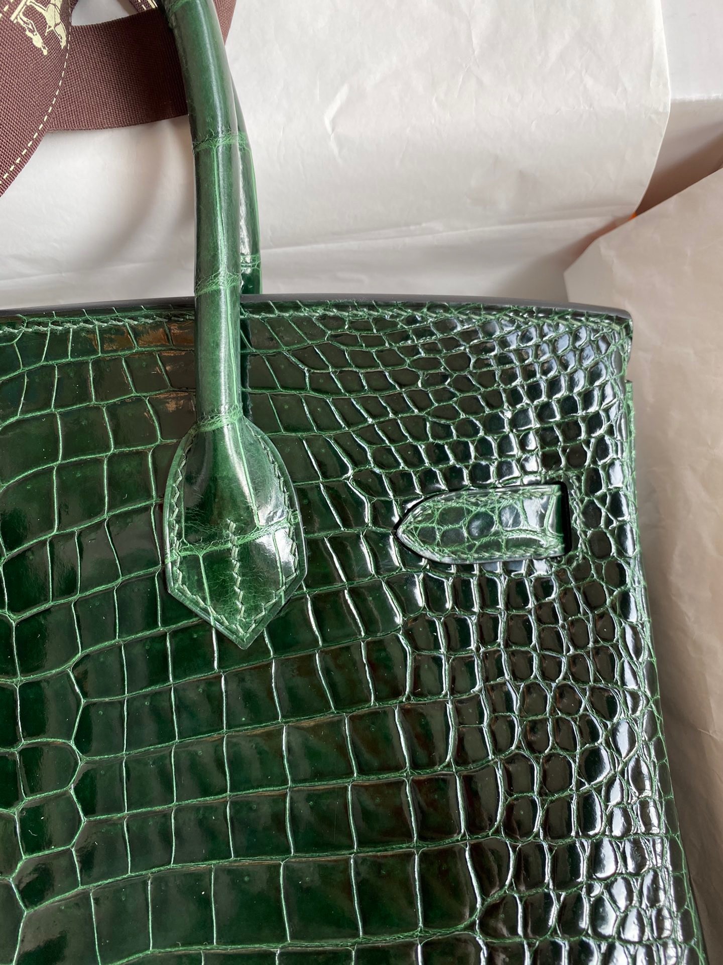 H**mes birkin 30 handmade bag in green crocodile porosus shiny skin