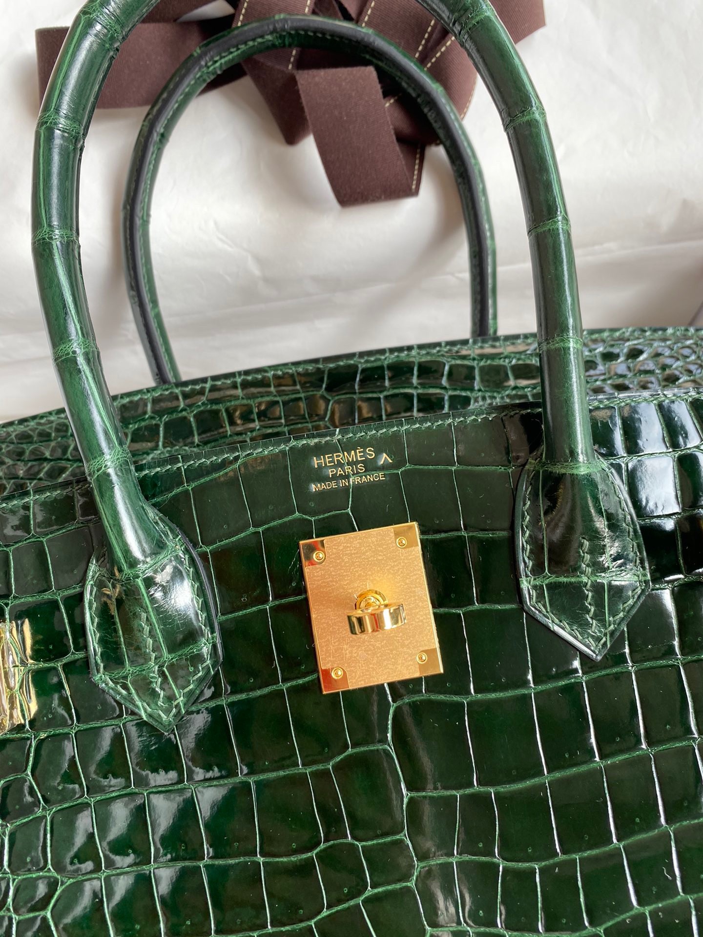 H**mes birkin 30 handmade bag in green crocodile porosus shiny skin
