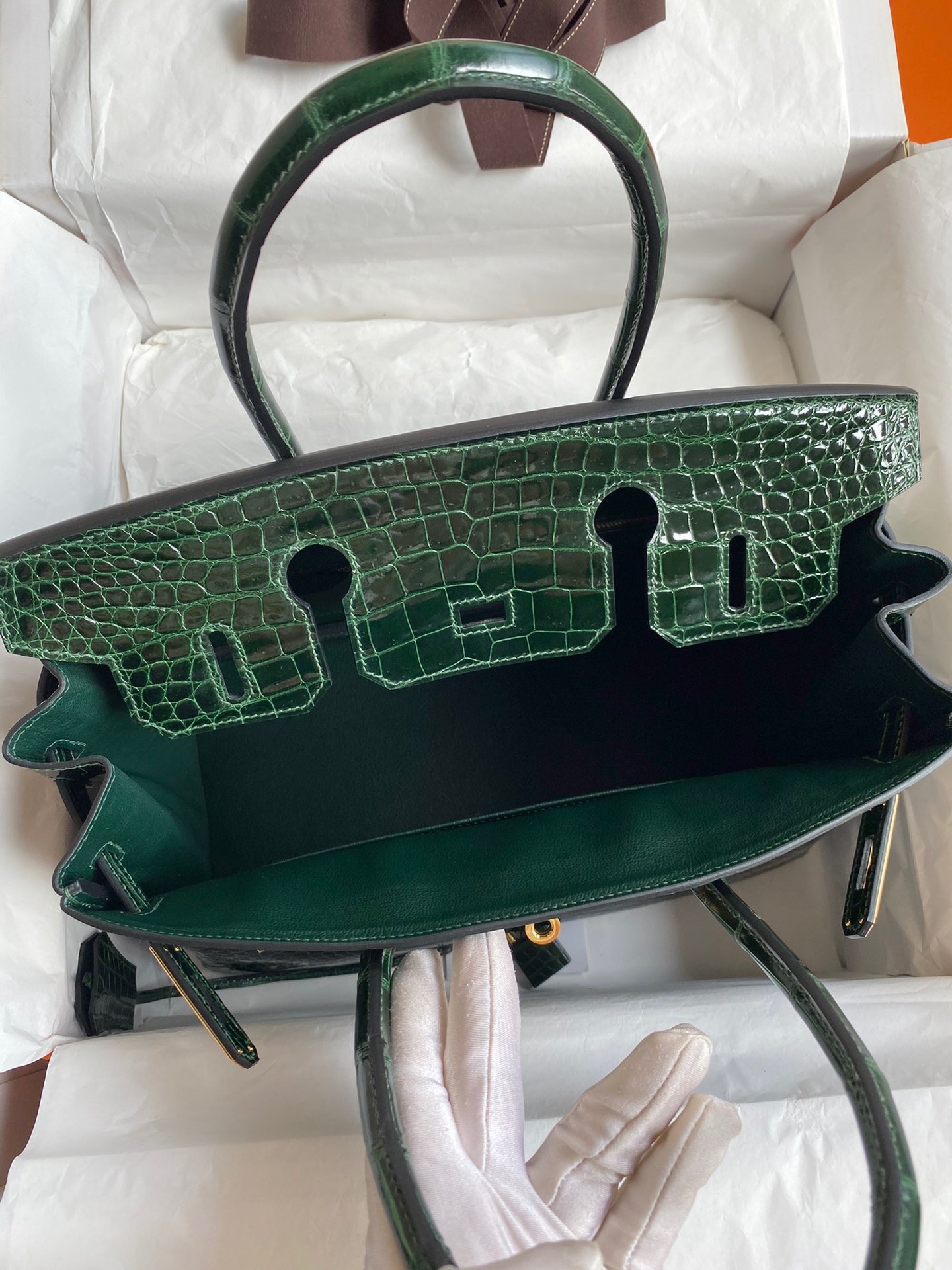 H**mes birkin 30 handmade bag in green crocodile porosus shiny skin