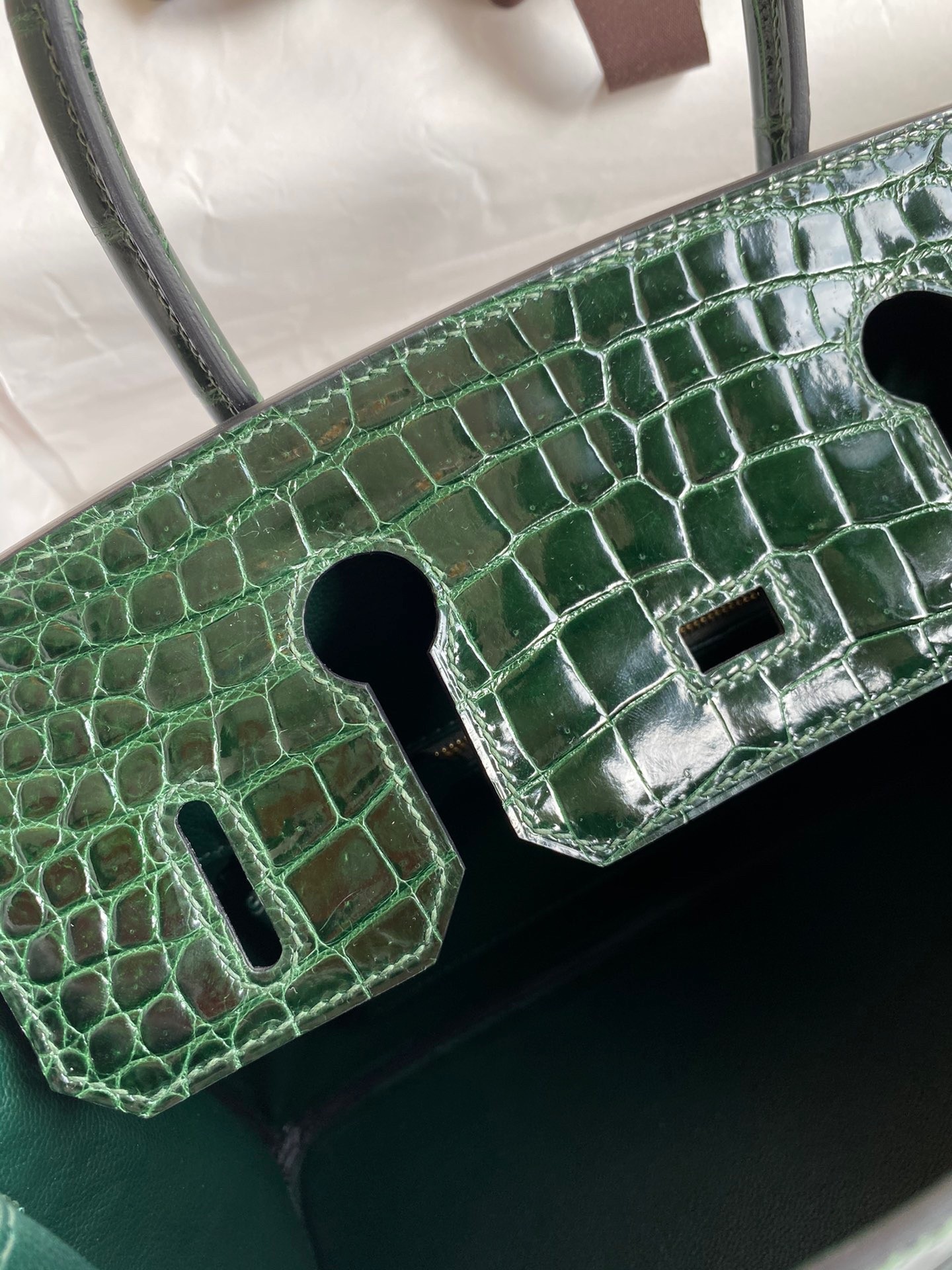 H**mes birkin 30 handmade bag in green crocodile porosus shiny skin