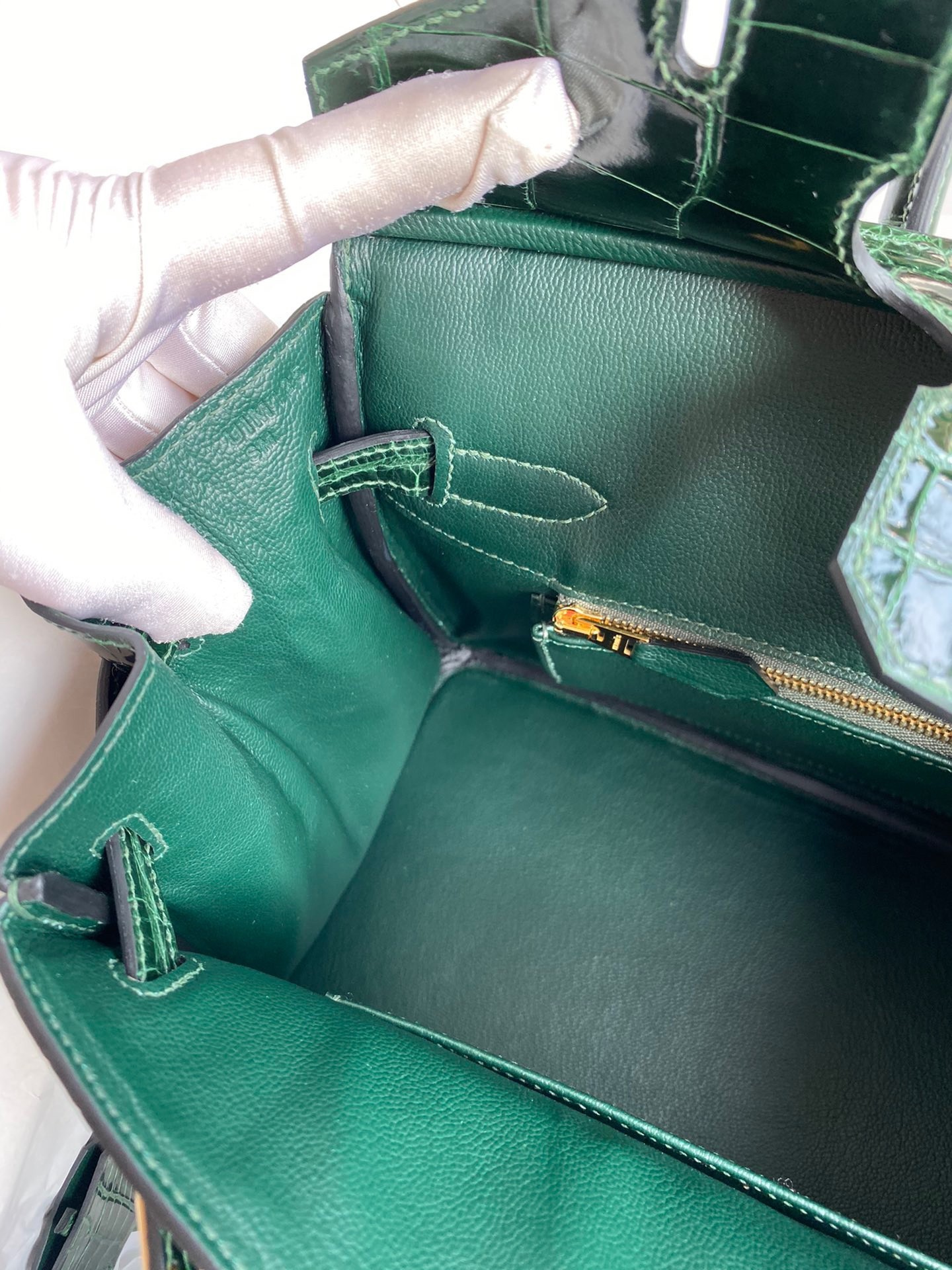 H**mes birkin 30 handmade bag in green crocodile porosus shiny skin