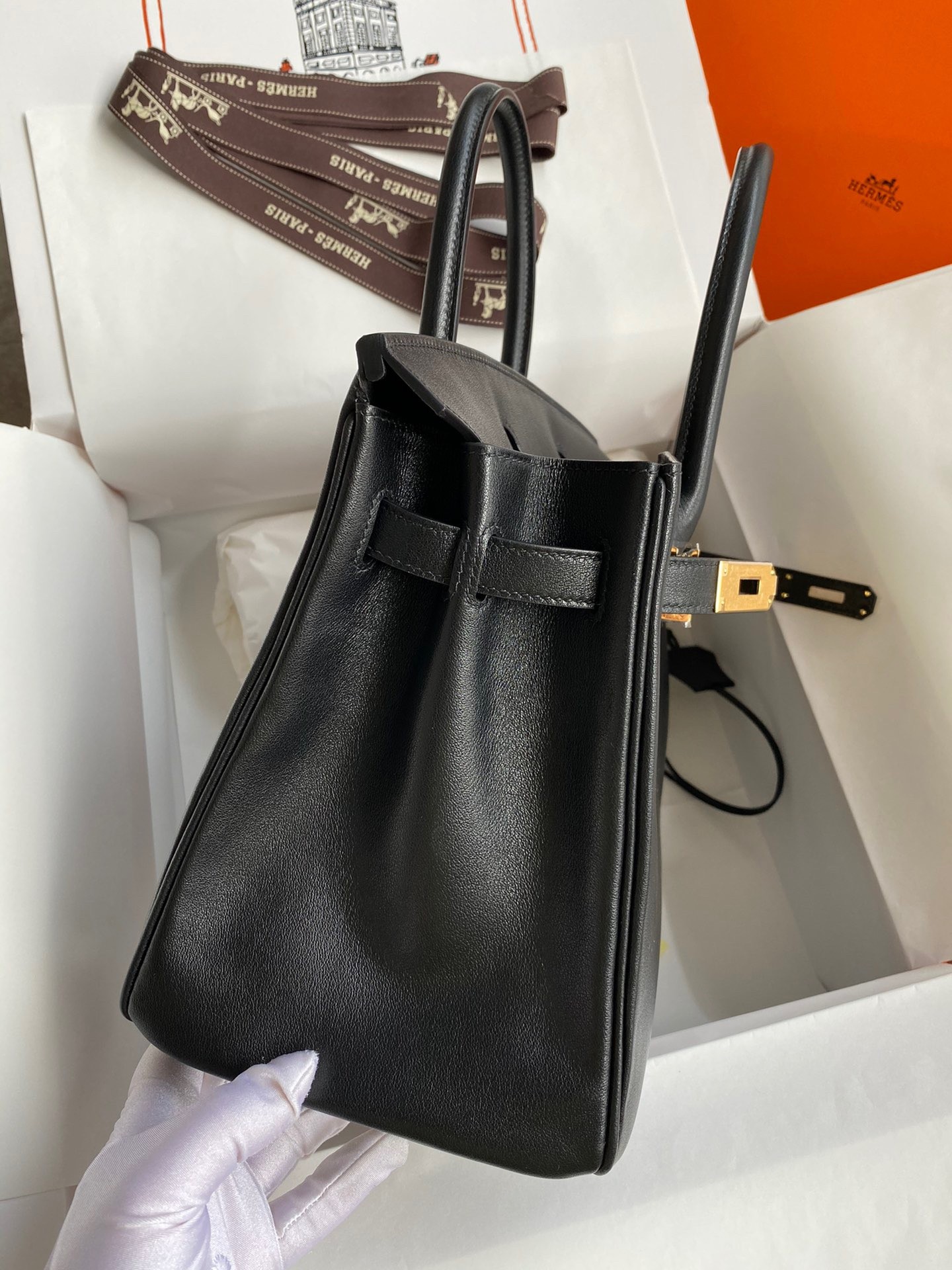 H**mes birkin 30 retourne handmade bag in black swift leather