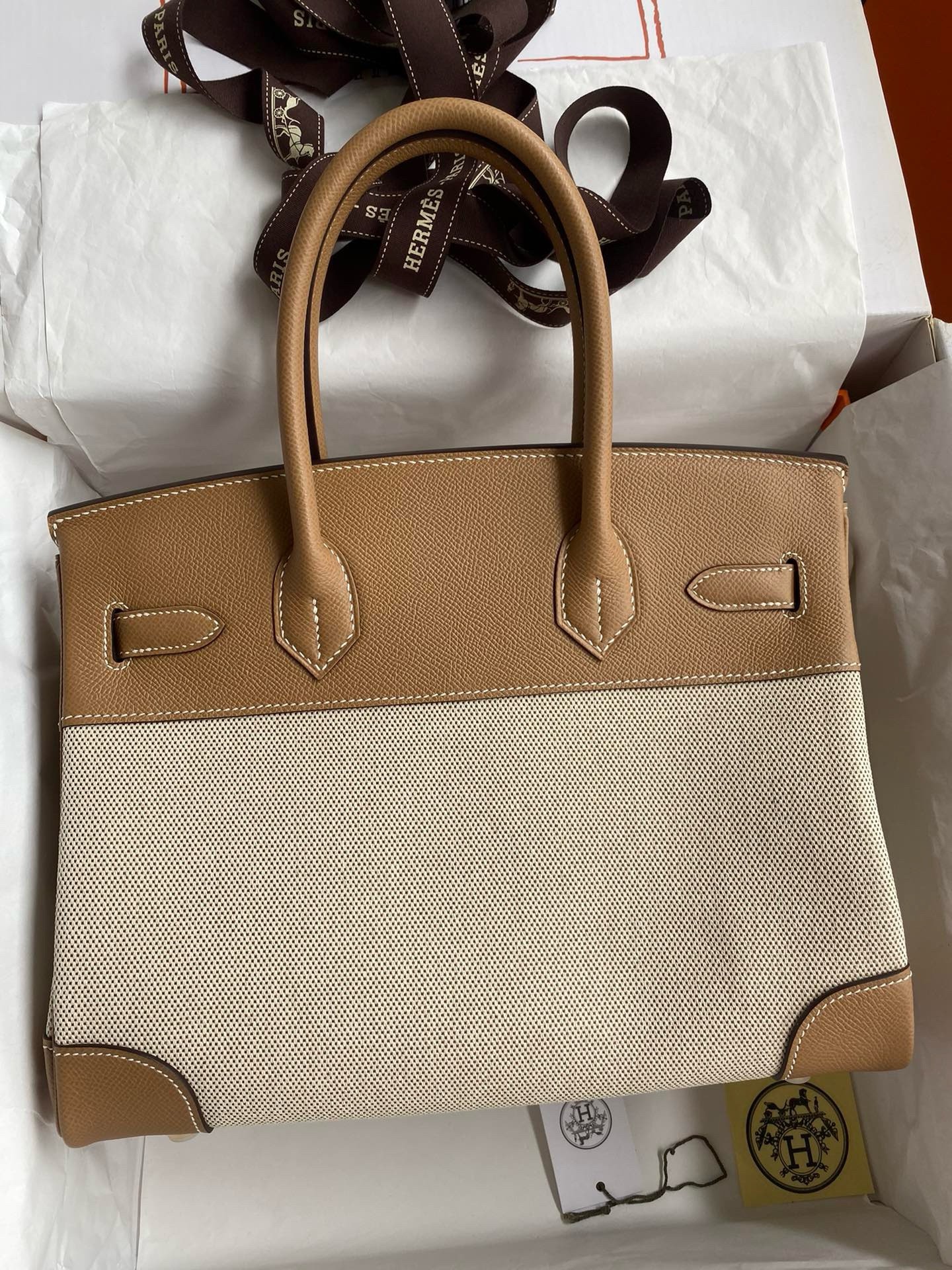 H**mes birkin 30 handmade bag in toile & chai epsom leather