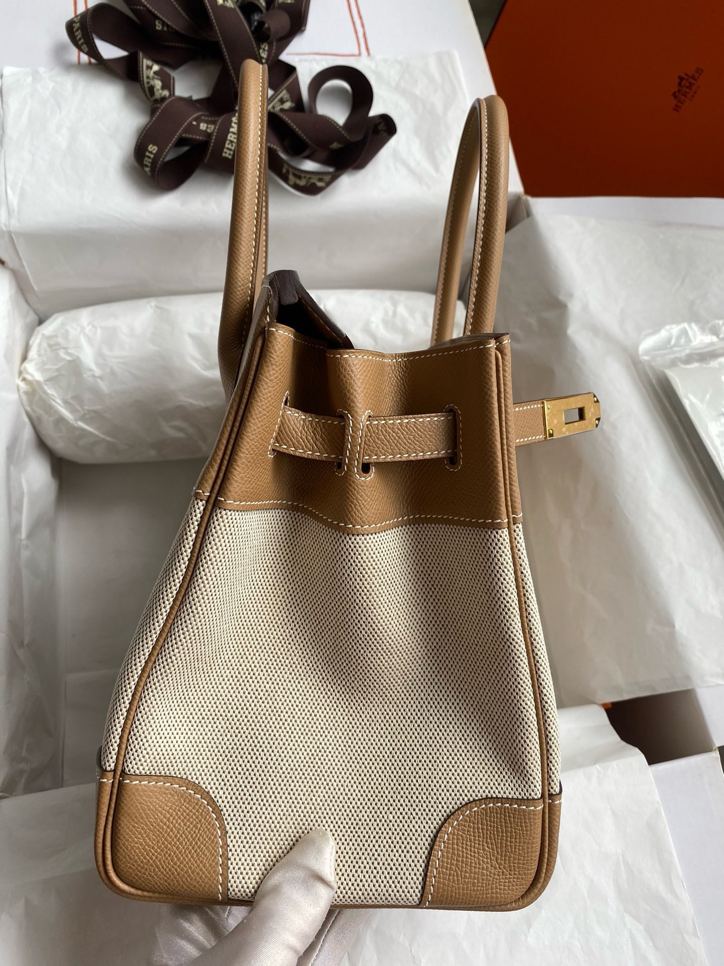 H**mes birkin 30 handmade bag in toile & chai epsom leather