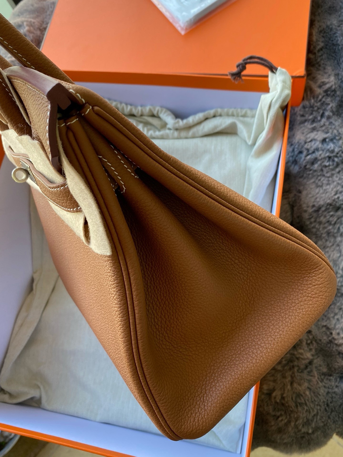 H**mes birkin 30 retourne handmade bag in gold togo leather