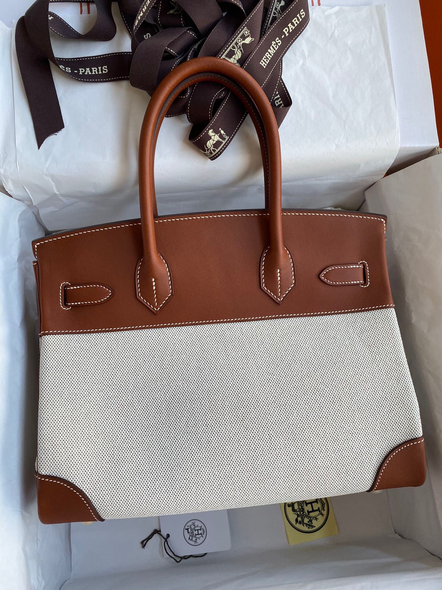 H**mes birkin 30 handmade bag in toile & gold swift leather