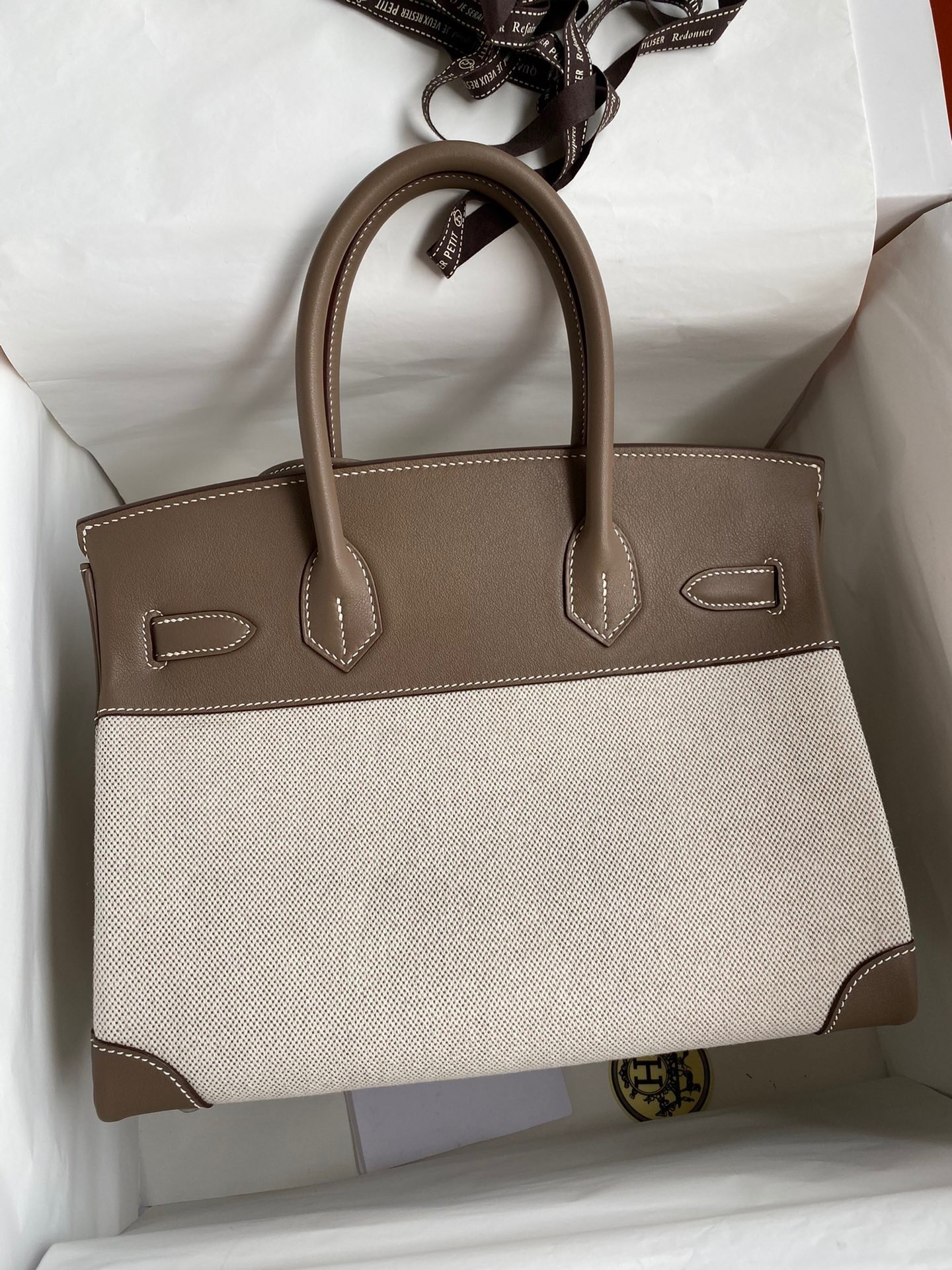 H**mes birkin 30 handmade bag in toile & tourterelle swift leather