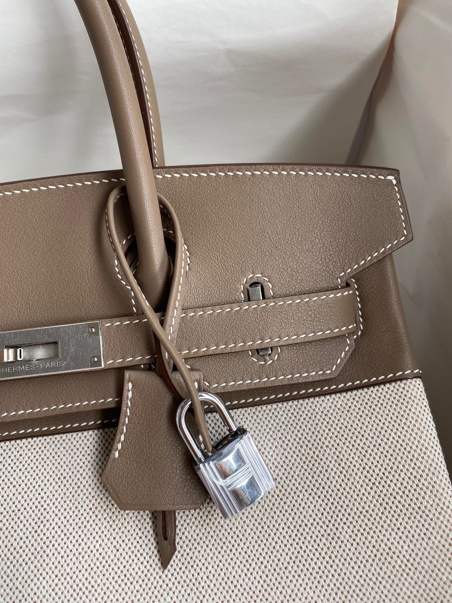 H**mes birkin 30 handmade bag in toile & tourterelle swift leather