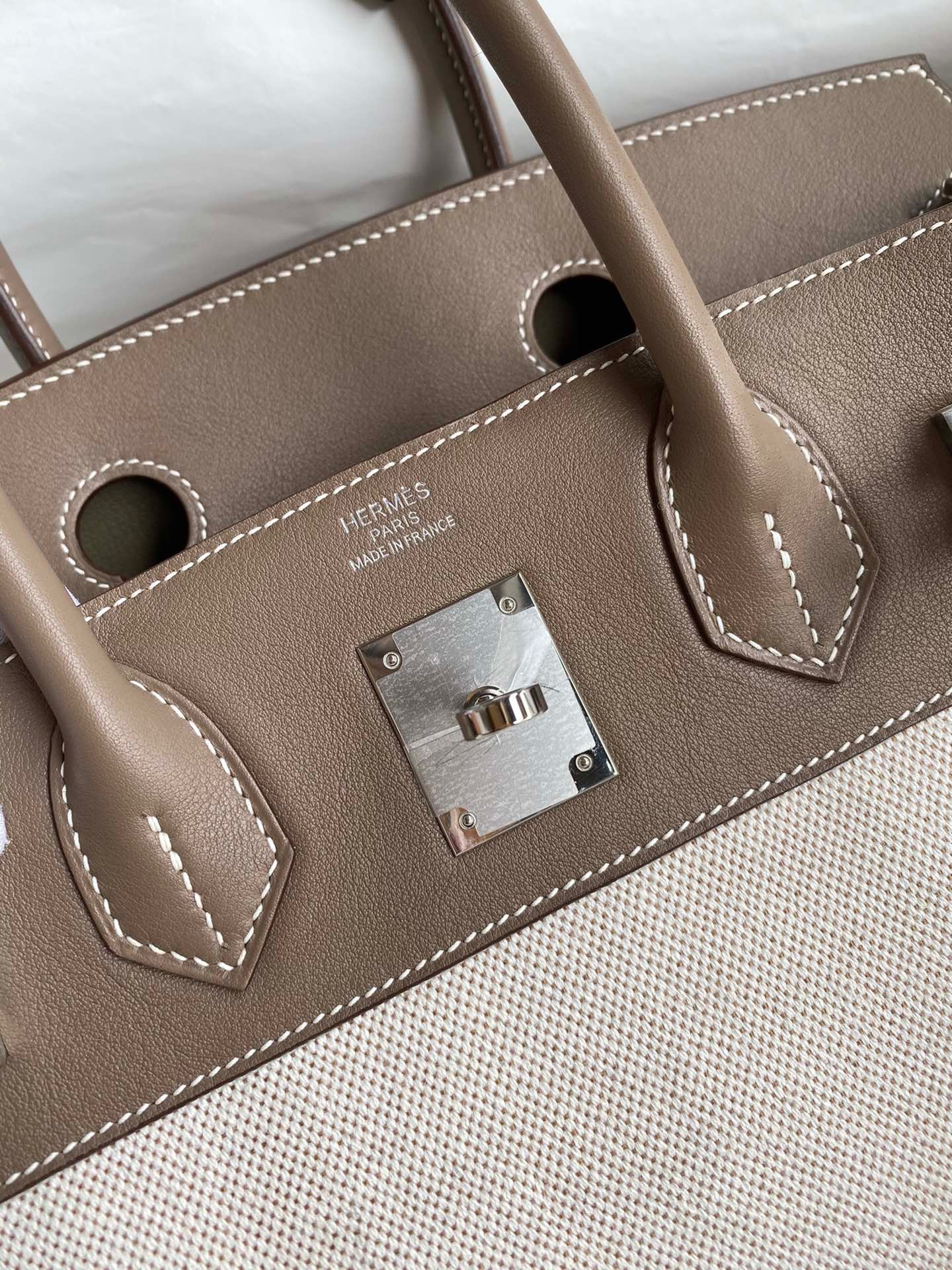 H**mes birkin 30 handmade bag in toile & tourterelle swift leather