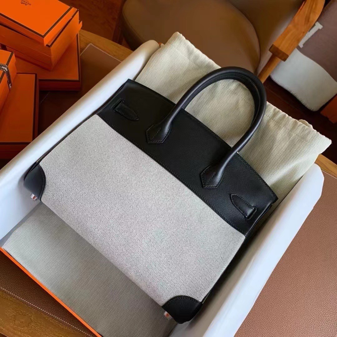 H**mes birkin 30 handmade bag in toile & black swift leather