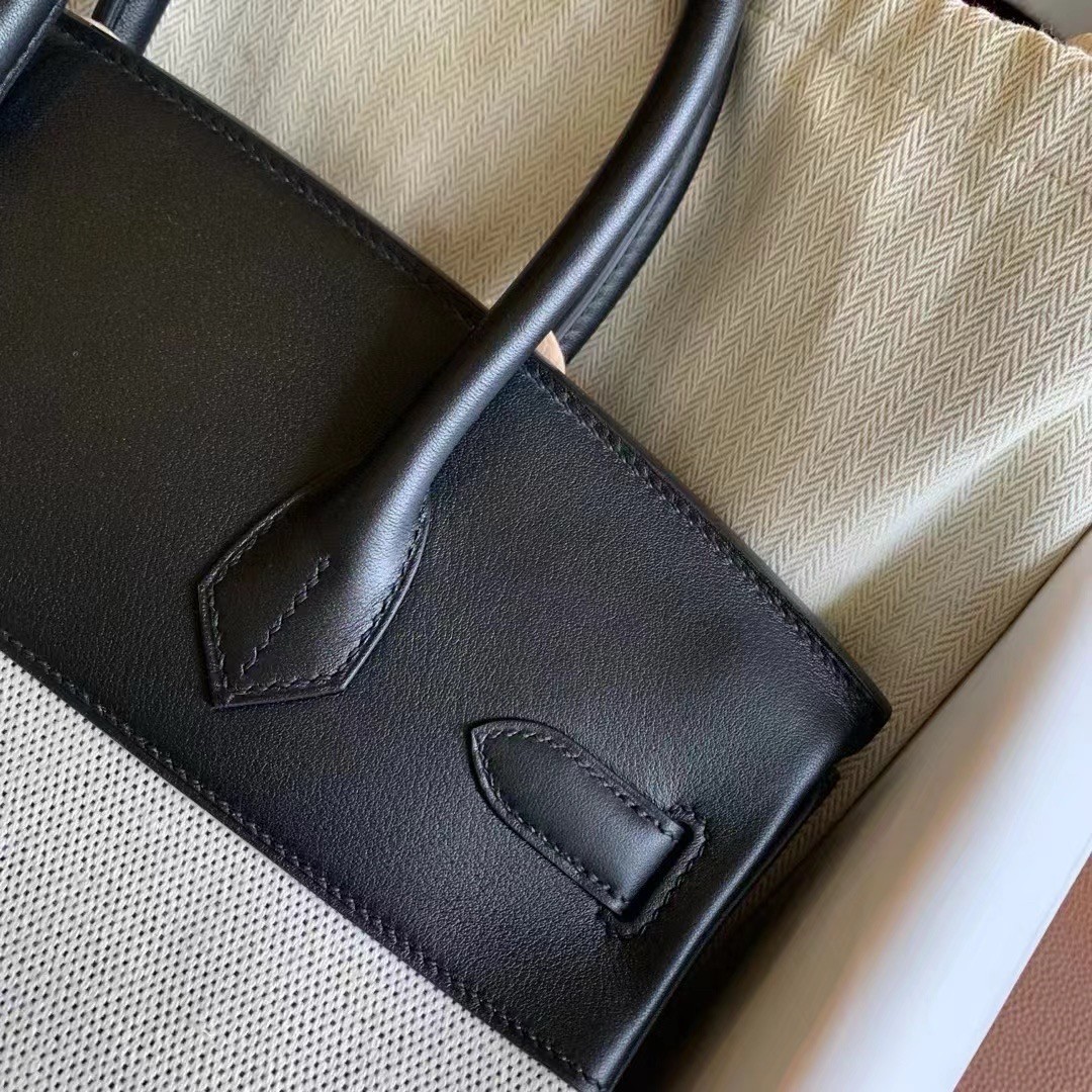 H**mes birkin 30 handmade bag in toile & black swift leather