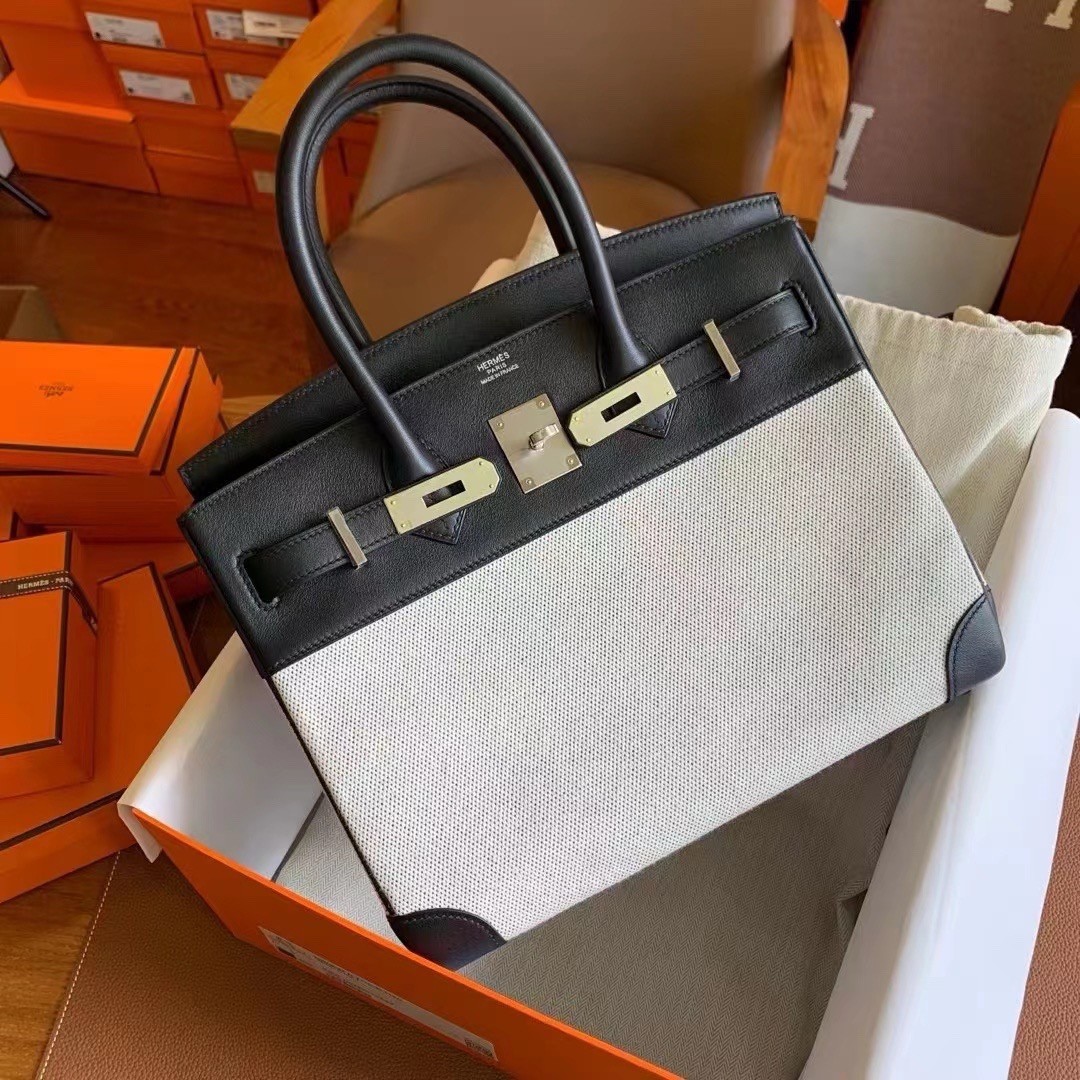 H**mes birkin 30 handmade bag in toile & black swift leather
