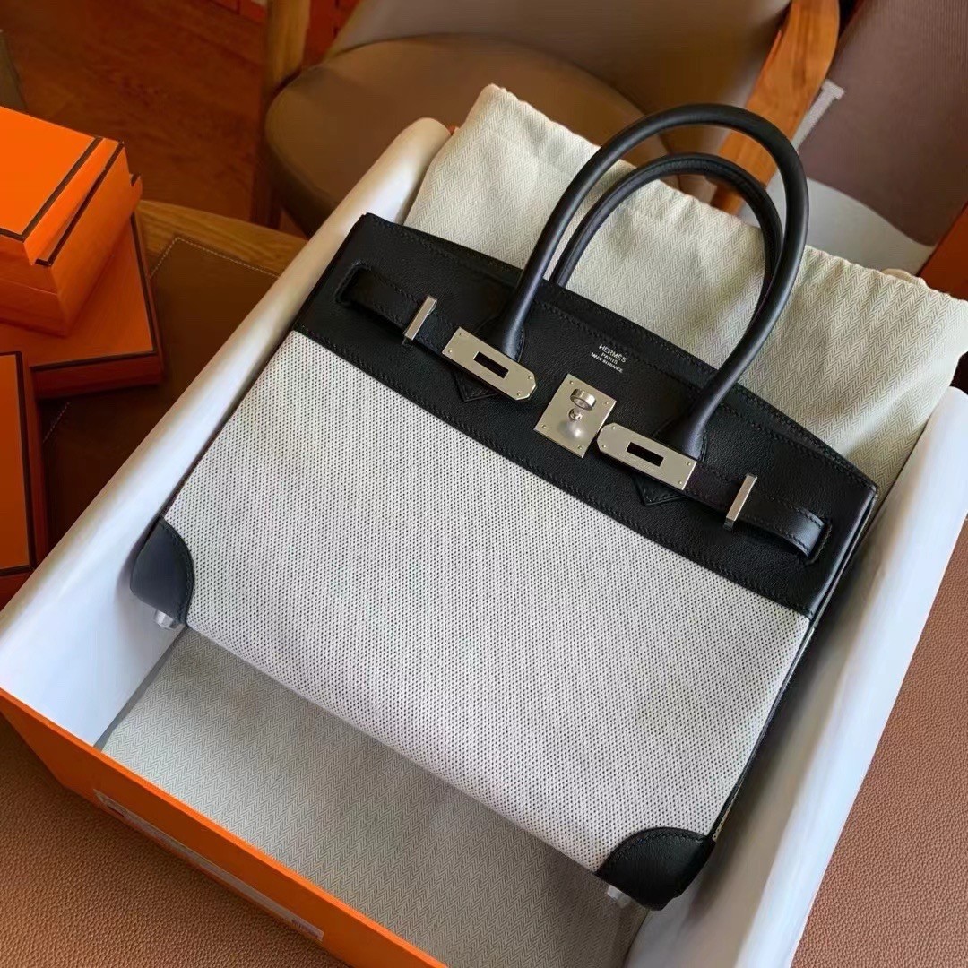 H**mes birkin 30 handmade bag in toile & black swift leather