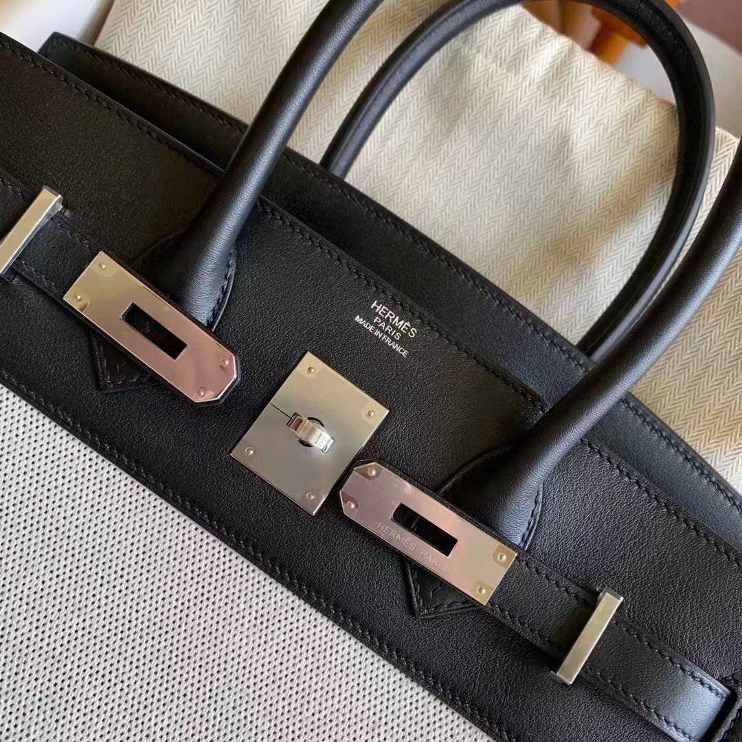 H**mes birkin 30 handmade bag in toile & black swift leather