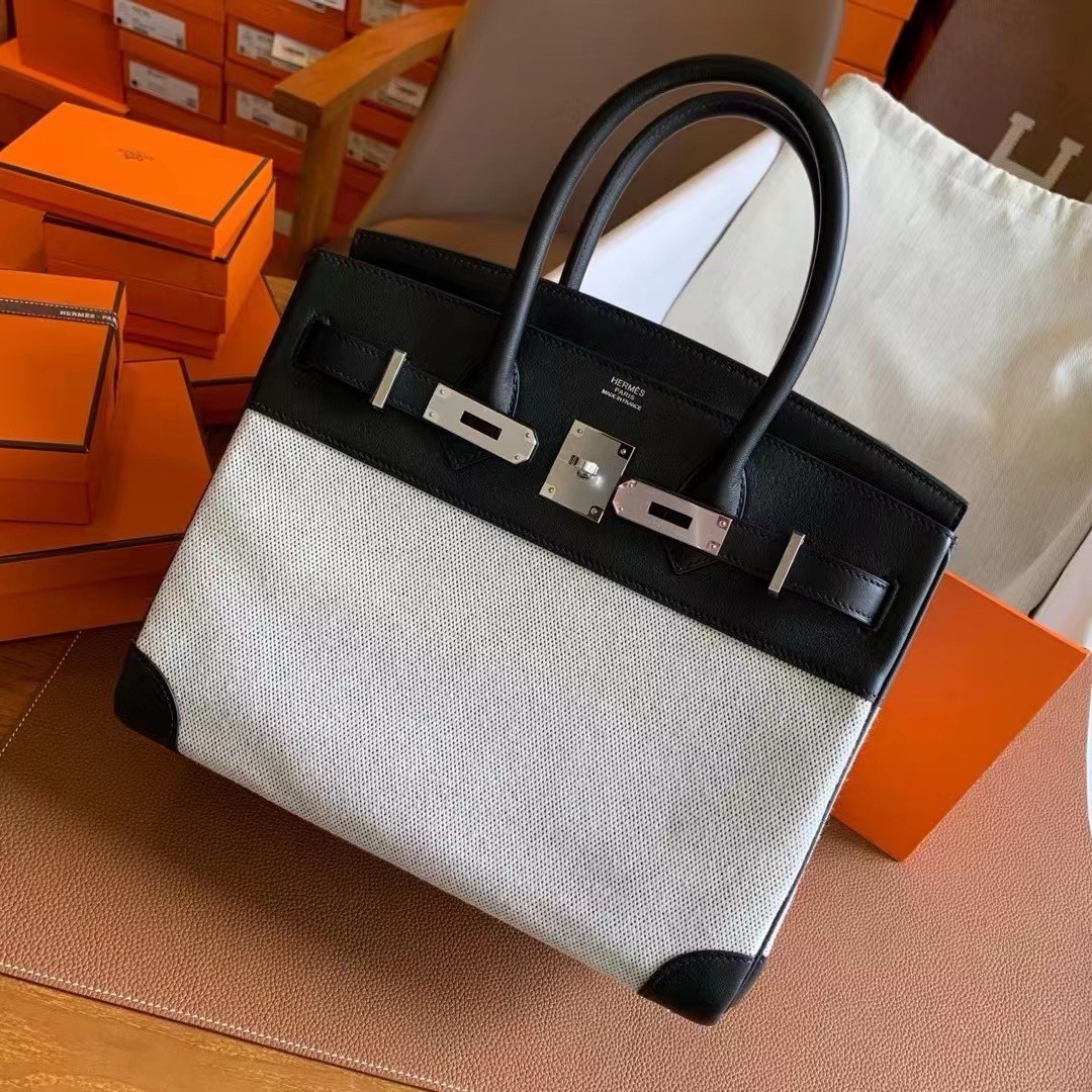 H**mes birkin 30 handmade bag in toile & black swift leather