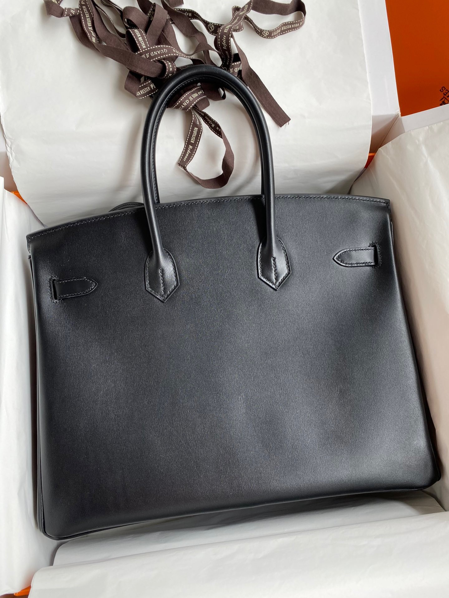 H**mes birkin 35 retourne handmade bag in black box calfskin