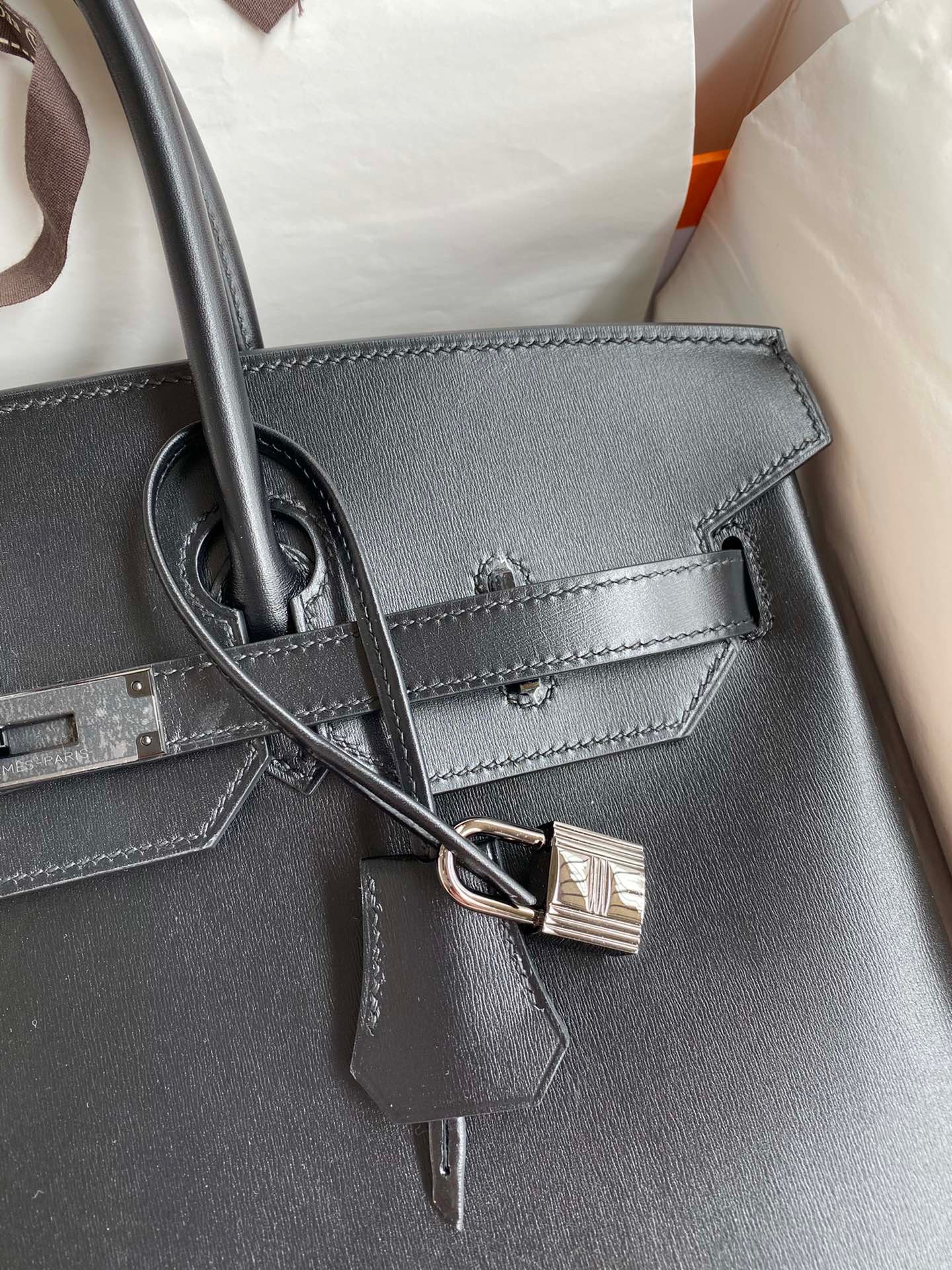 H**mes birkin 35 retourne handmade bag in black box calfskin