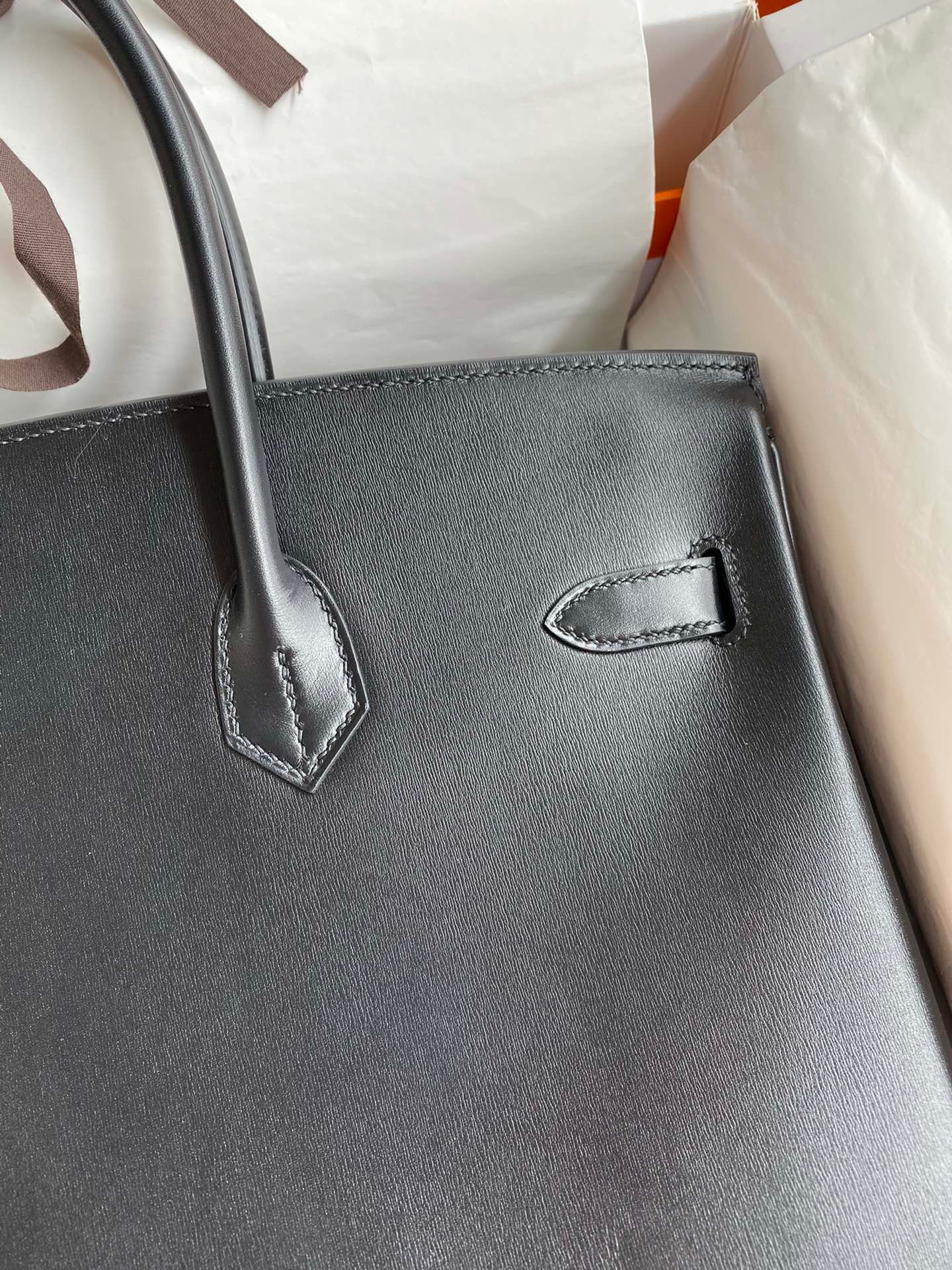 H**mes birkin 35 retourne handmade bag in black box calfskin