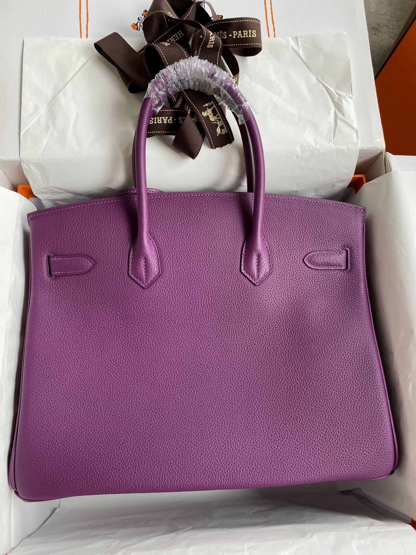 H**mes birkin 35 retourne handmade bag in anemone clemence leather