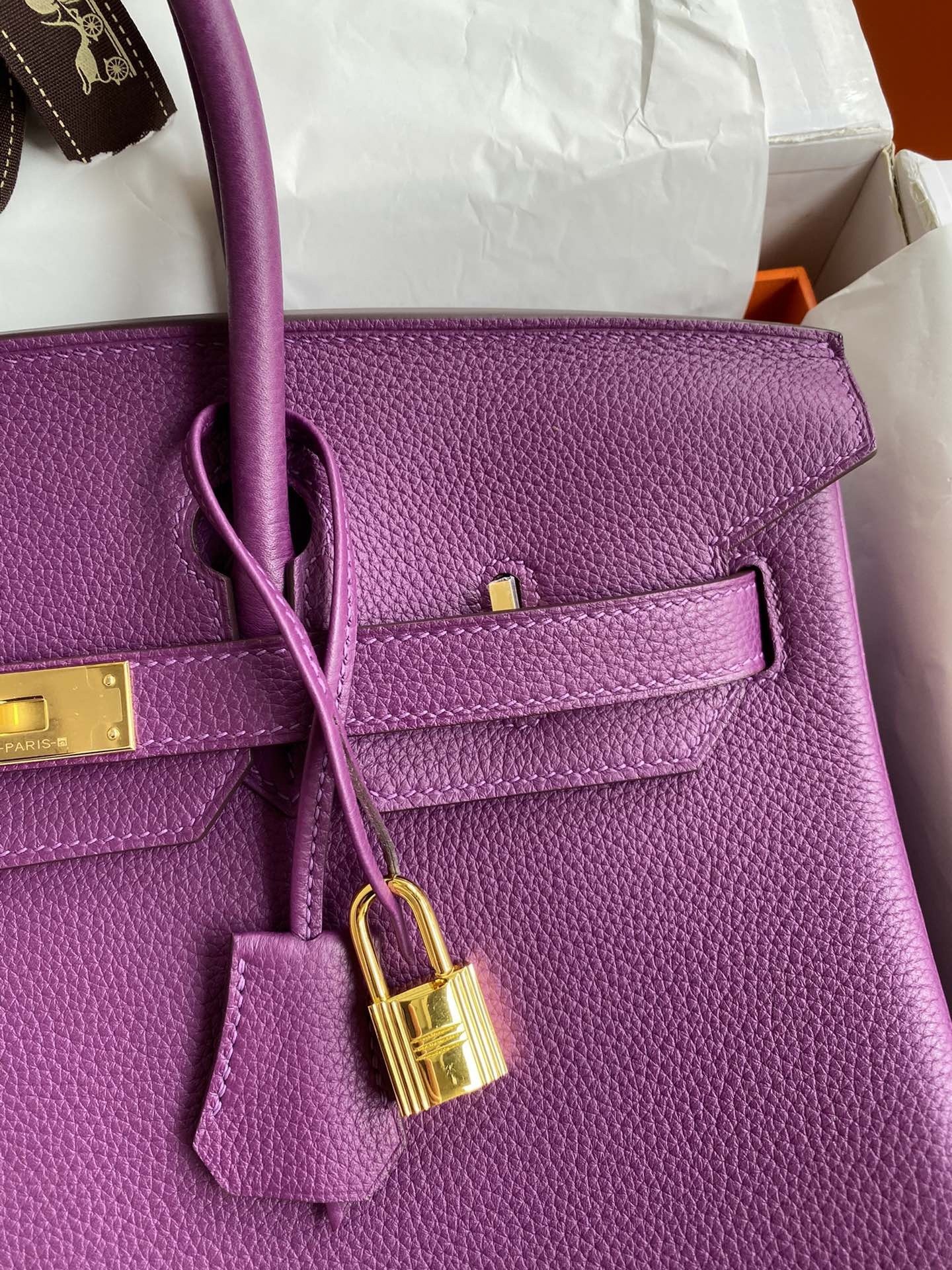 H**mes birkin 35 retourne handmade bag in anemone clemence leather