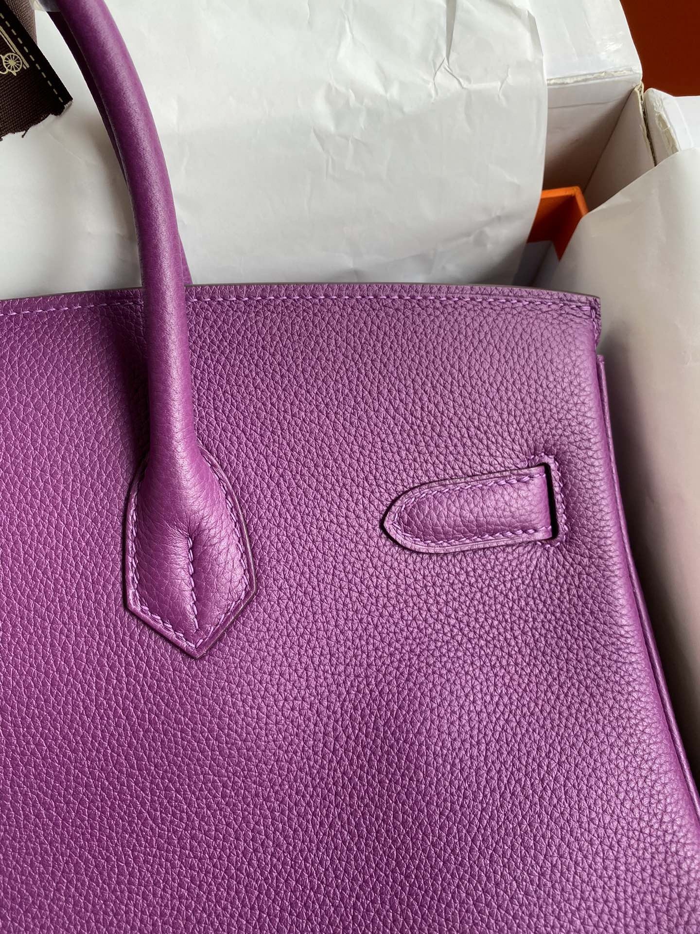 H**mes birkin 35 retourne handmade bag in anemone clemence leather