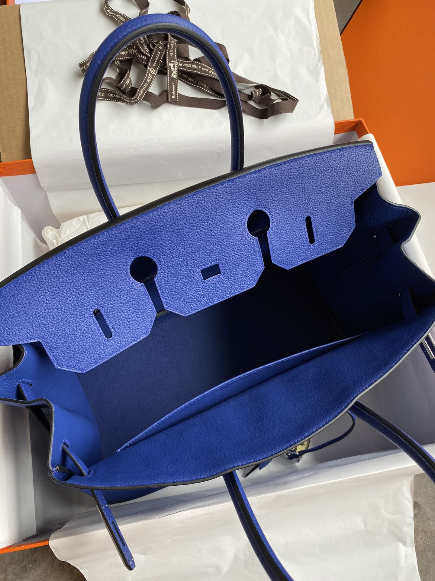 H**mes birkin 35 retourne handmade bag in blue electric clemence leather