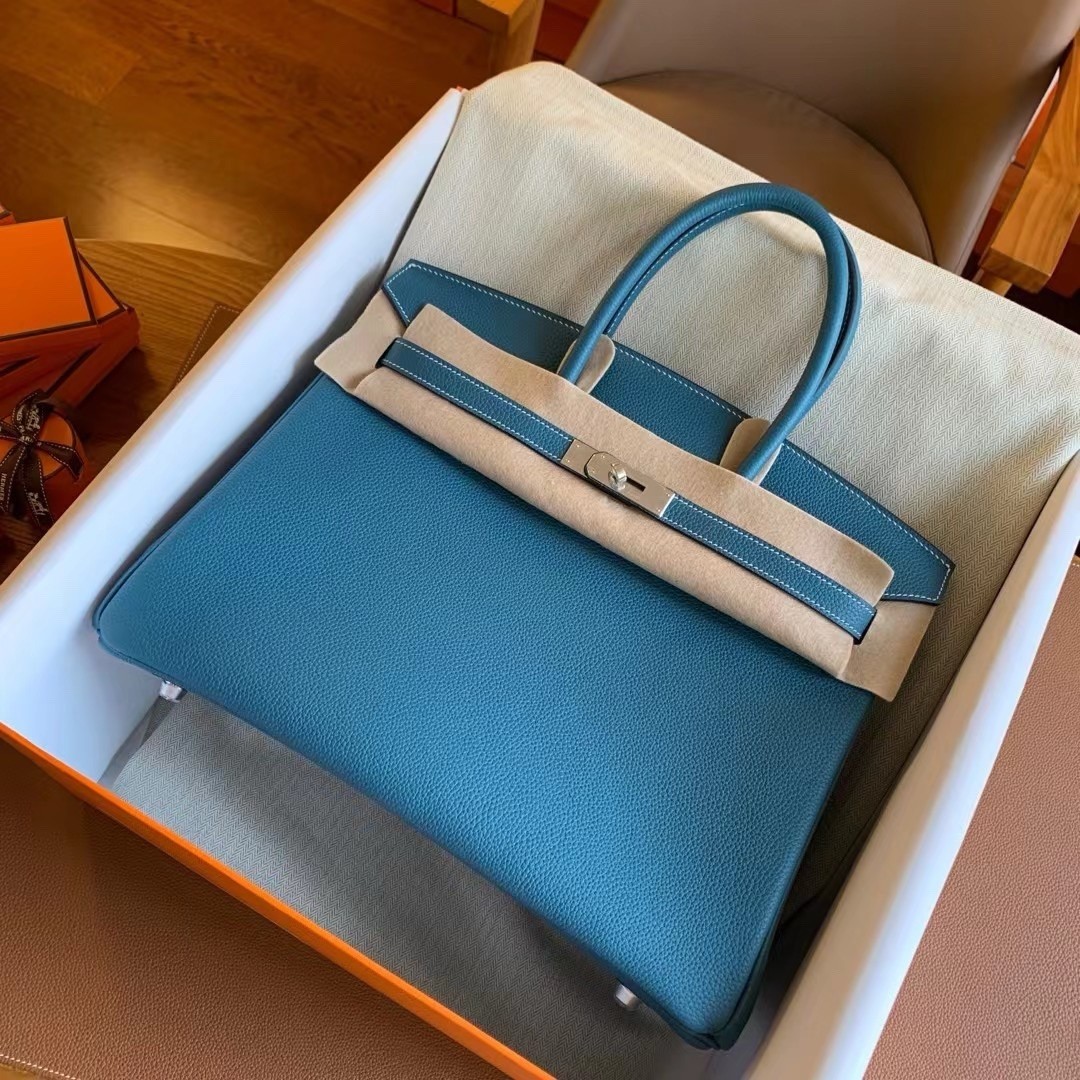 H**mes birkin 35 retourne handmade bag in blue jean clemence leather