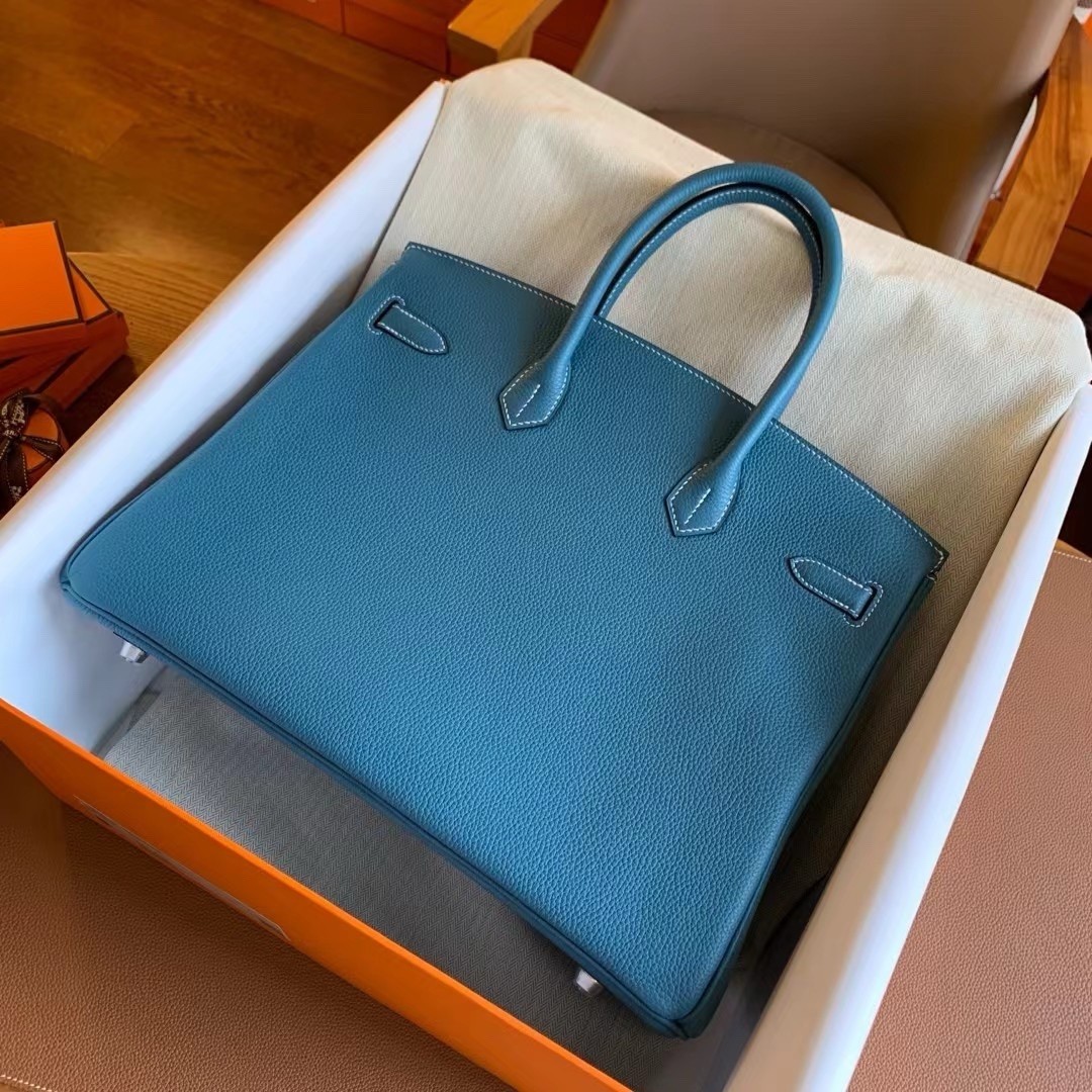 H**mes birkin 35 retourne handmade bag in blue jean clemence leather