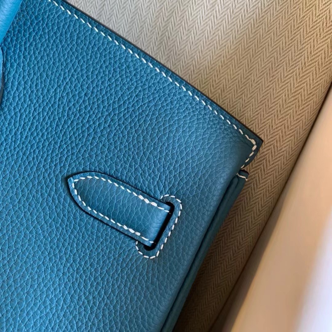 H**mes birkin 35 retourne handmade bag in blue jean clemence leather
