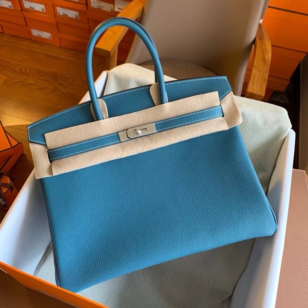 H**mes birkin 35 retourne handmade bag in blue jean clemence leather