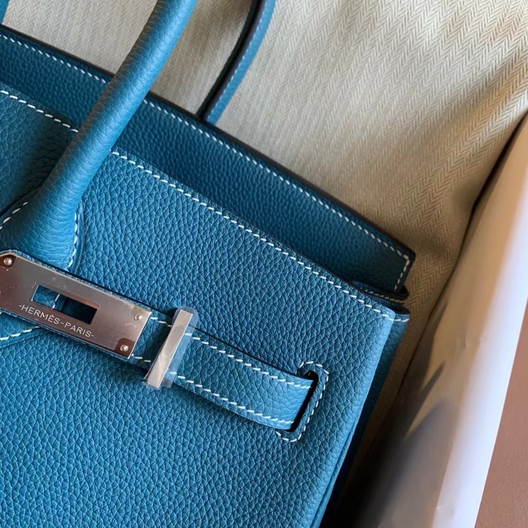 H**mes birkin 35 retourne handmade bag in blue jean clemence leather