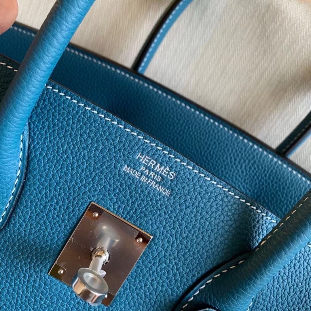 H**mes birkin 35 retourne handmade bag in blue jean clemence leather