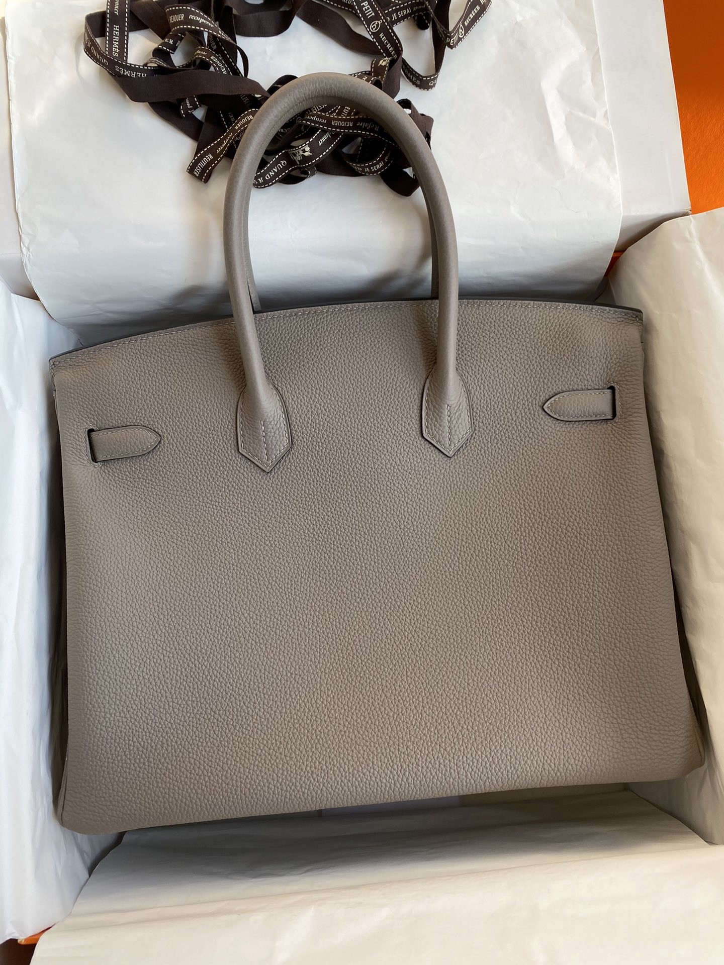 H**mes birkin 35 retourne handmade bag in gris asphalt clemence leather