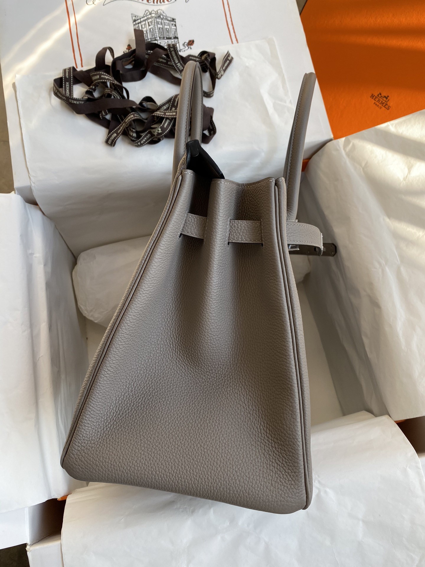 H**mes birkin 35 retourne handmade bag in gris asphalt clemence leather