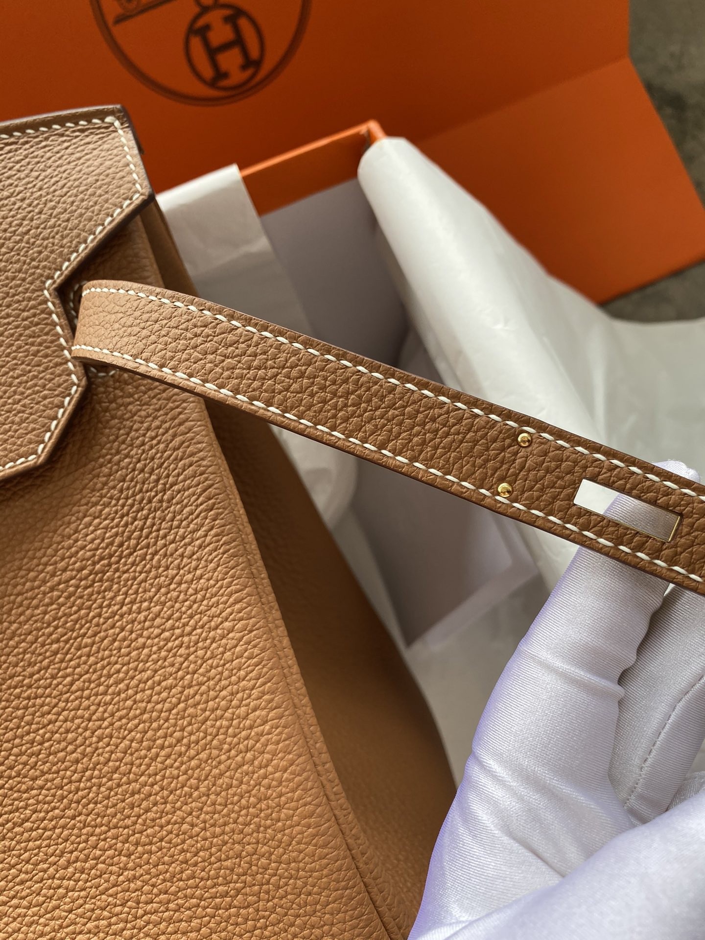 H**mes birkin 35 retourne handmade bag in gold clemence leather