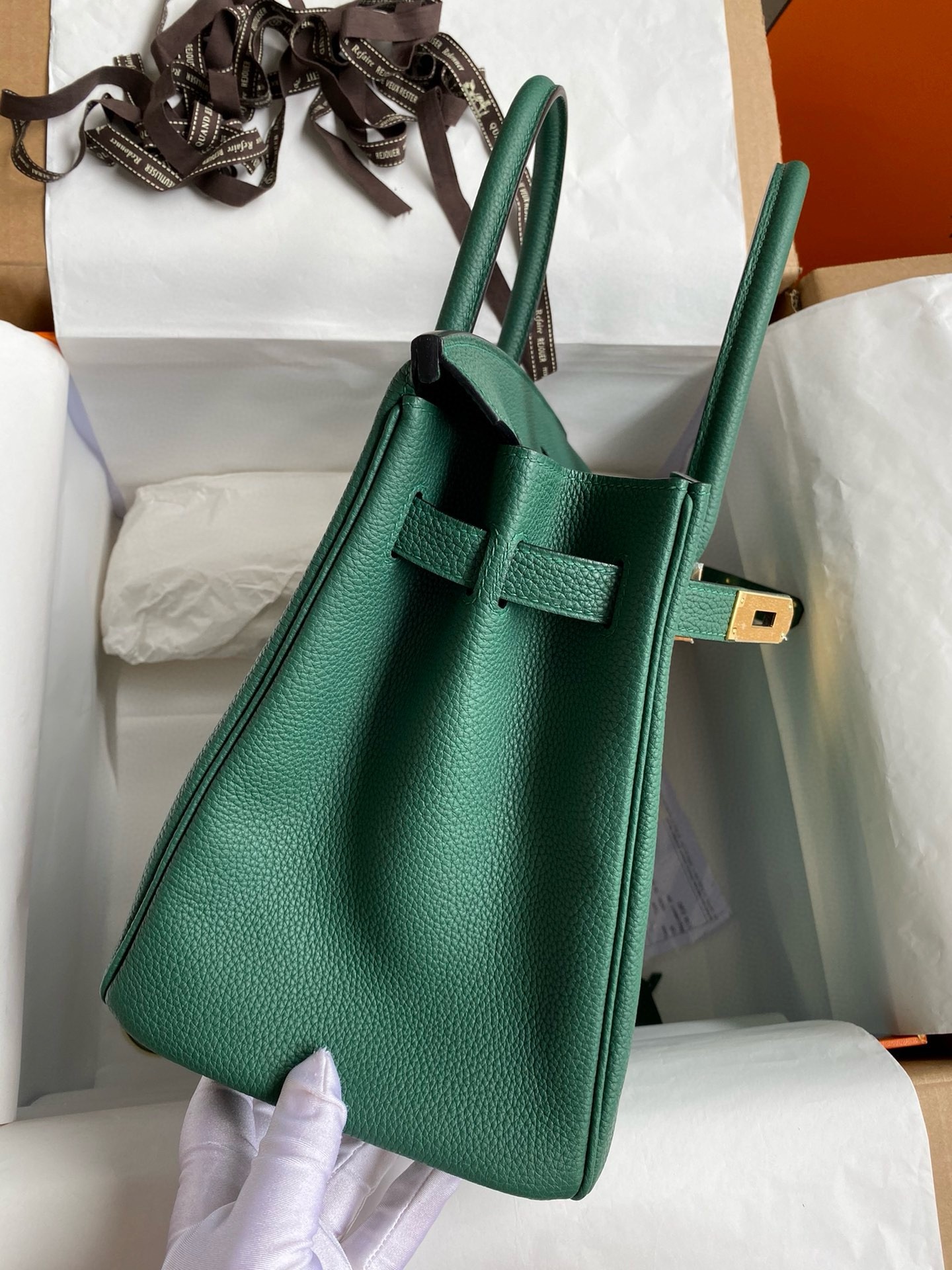 H**mes birkin 35 retourne handmade bag in malachite clemence leather