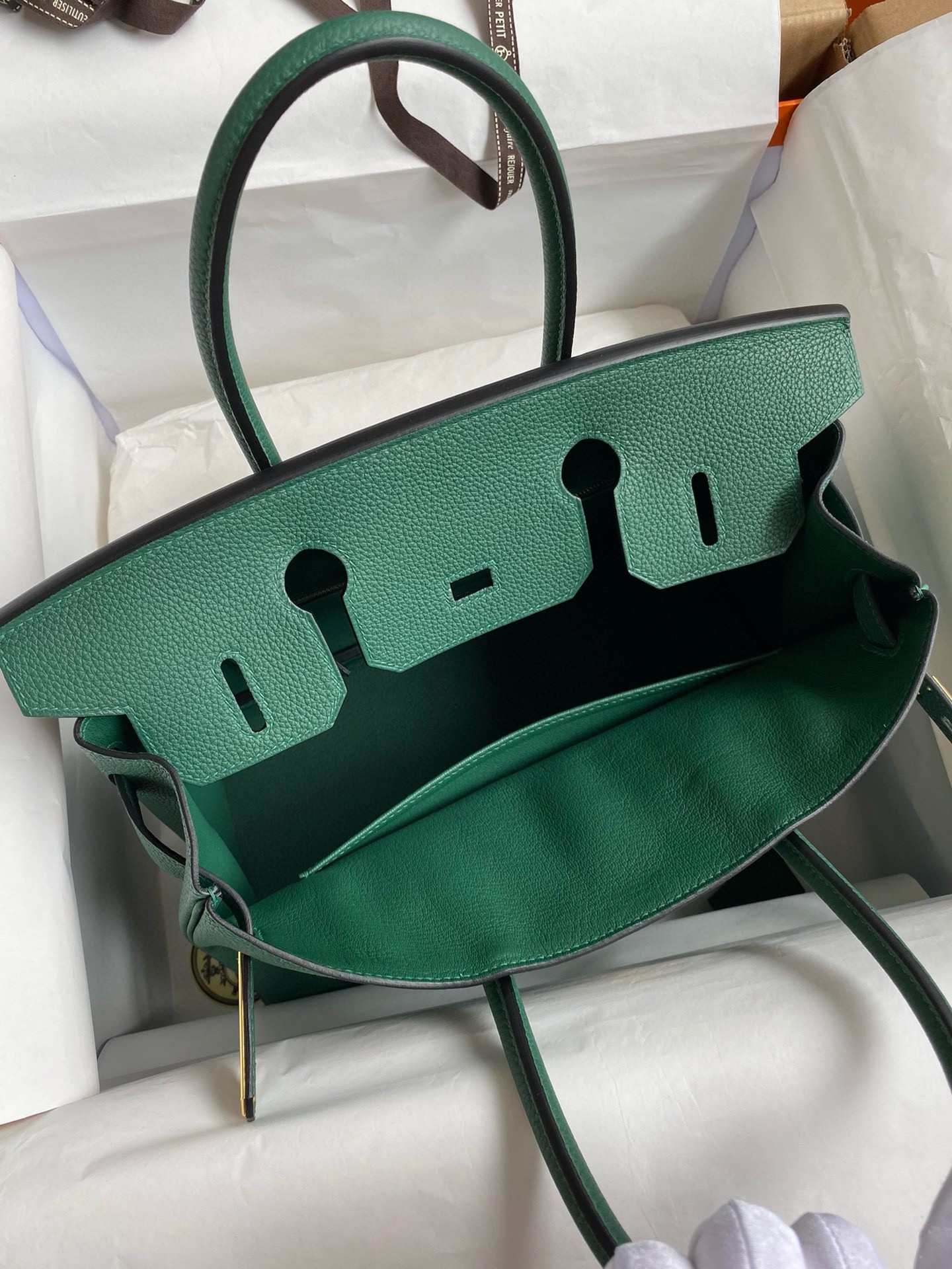 H**mes birkin 35 retourne handmade bag in malachite clemence leather