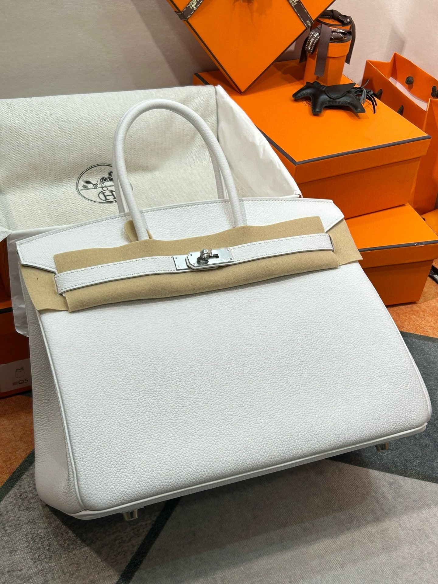 H**mes birkin 35 retourne handmade bag in white clemence leather