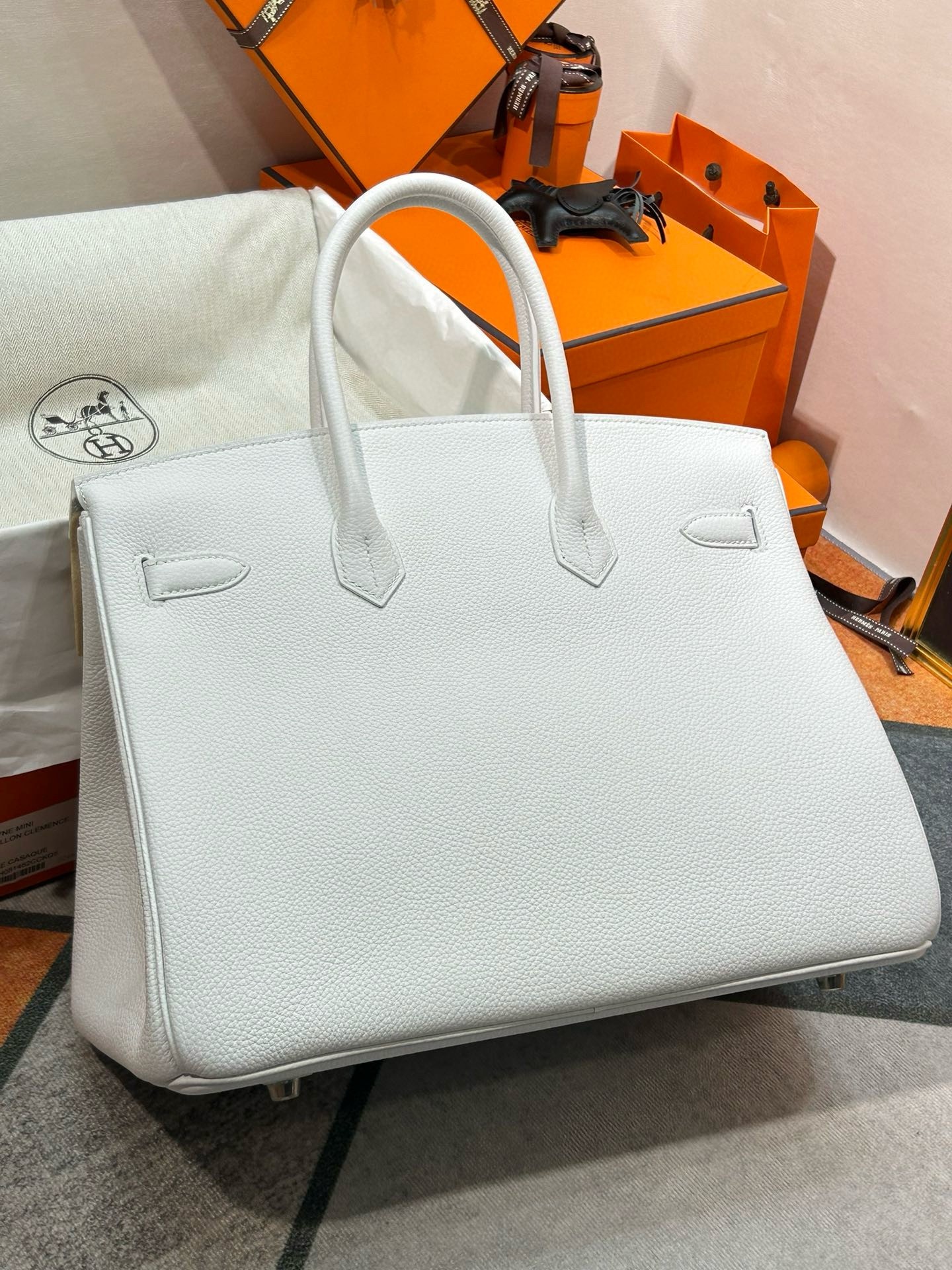 H**mes birkin 35 retourne handmade bag in white clemence leather