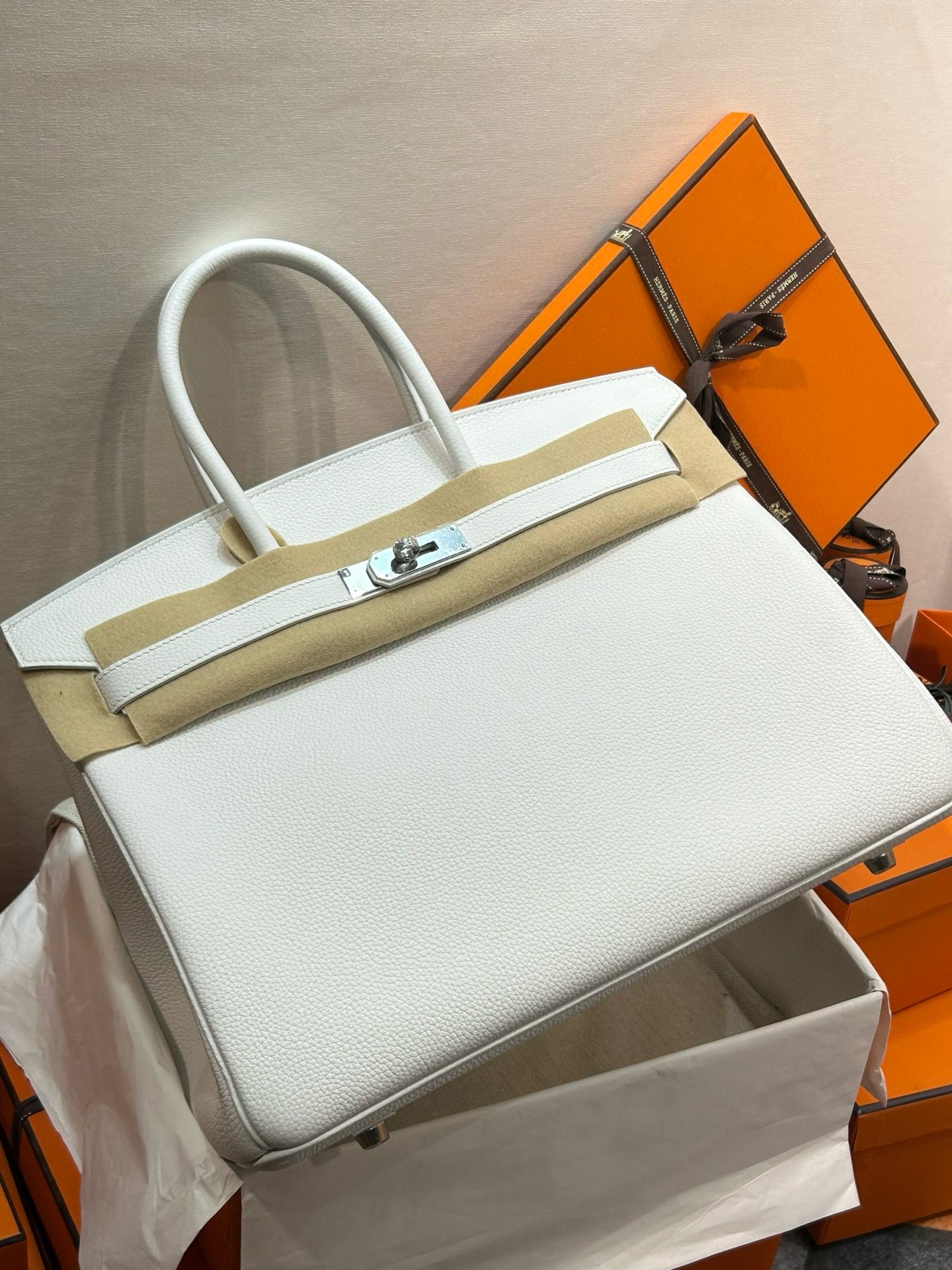 H**mes birkin 35 retourne handmade bag in white clemence leather