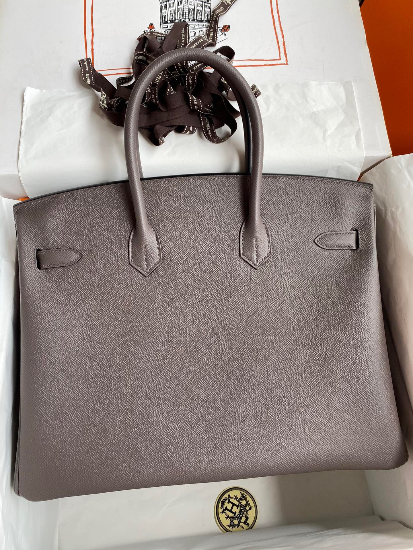 H**mes birkin 35 retourne handmade bag in etain epsom calfskin