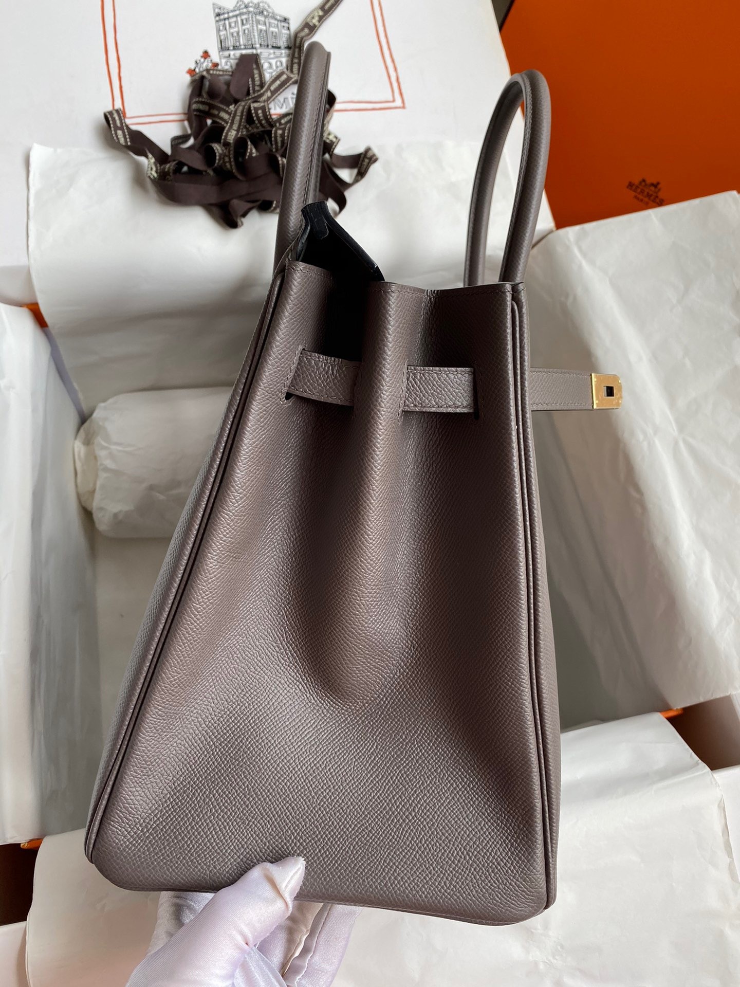 H**mes birkin 35 retourne handmade bag in etain epsom calfskin