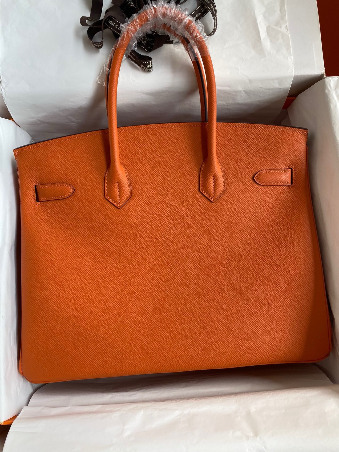 H**mes birkin 35 retourne handmade bag in orange epsom calfskin