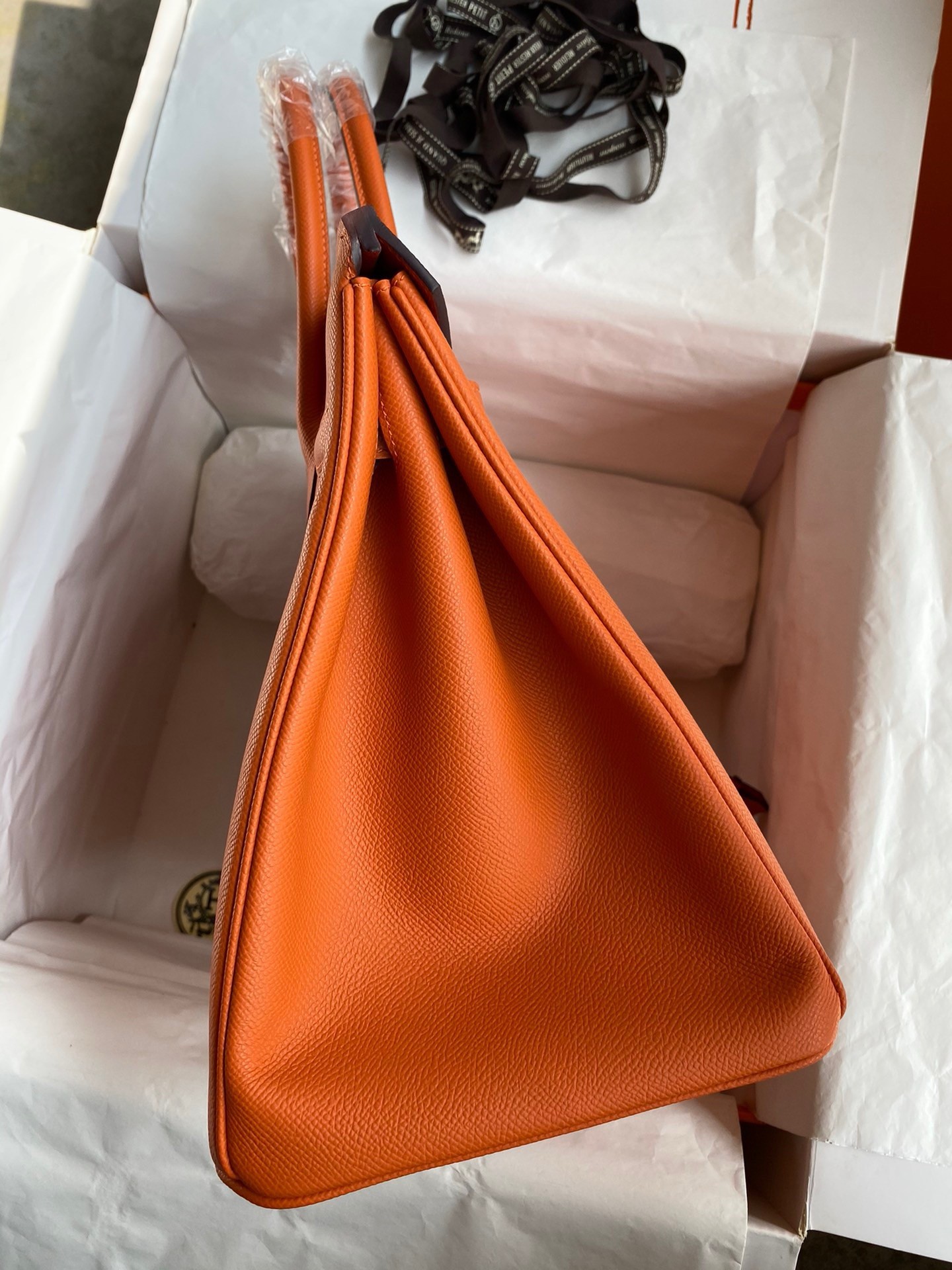 H**mes birkin 35 retourne handmade bag in orange epsom calfskin