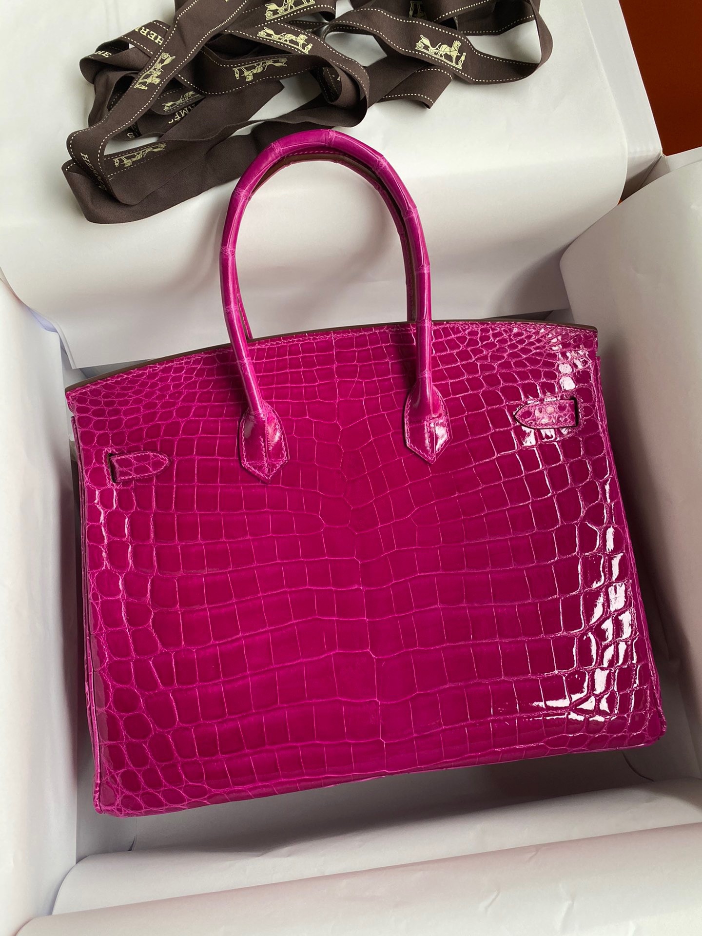 H**mes birkin 35 handmade bag in rose scheherazade crocodile niloticus shiny skin