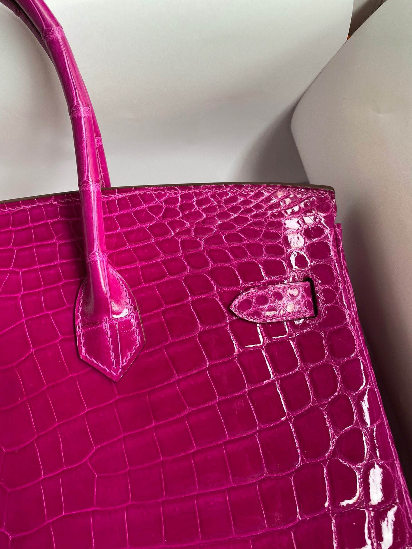 H**mes birkin 35 handmade bag in rose scheherazade crocodile niloticus shiny skin